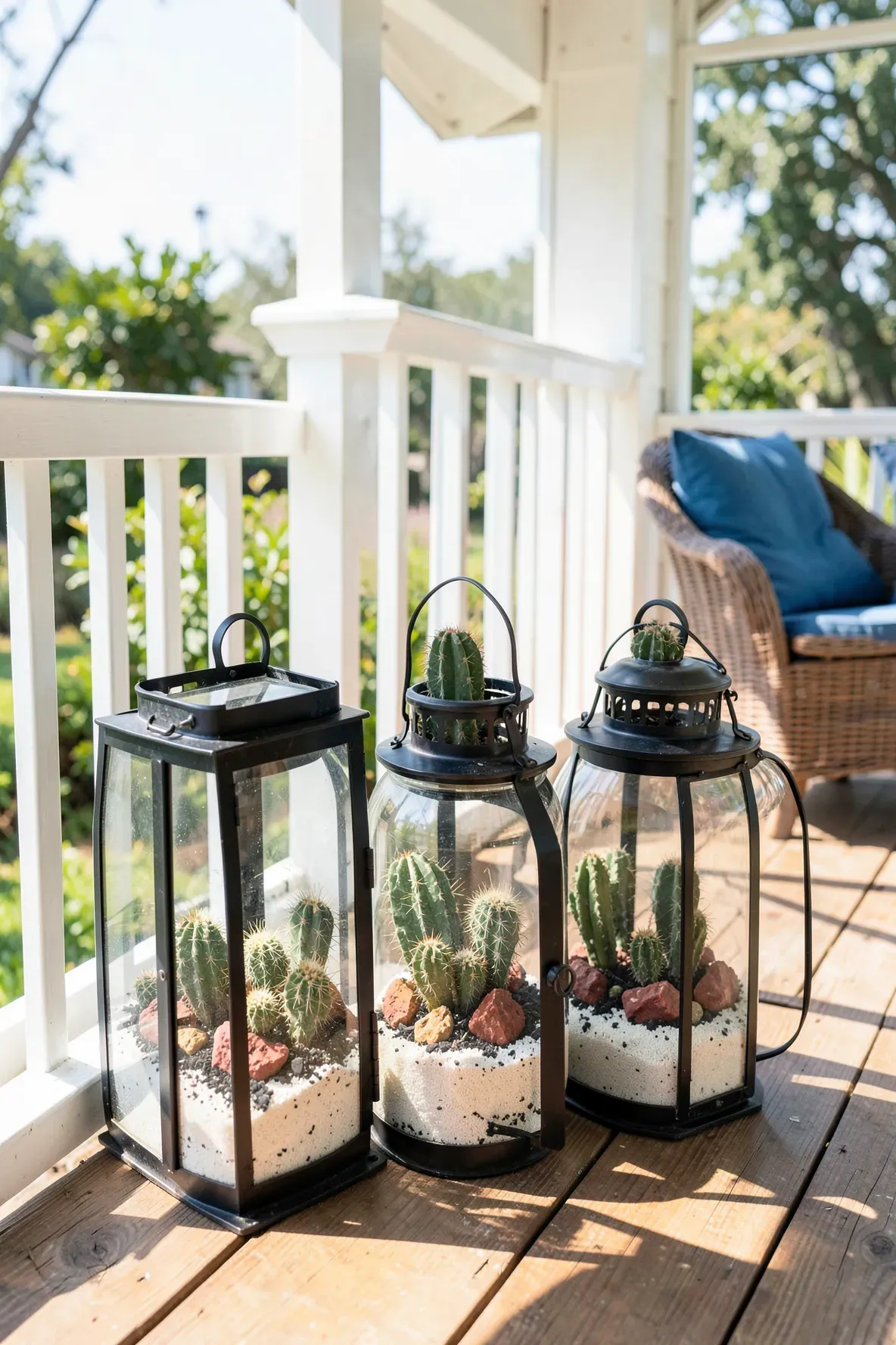 Glass and metal lanterns used as planters for a small cactus garden on a sunny porch.