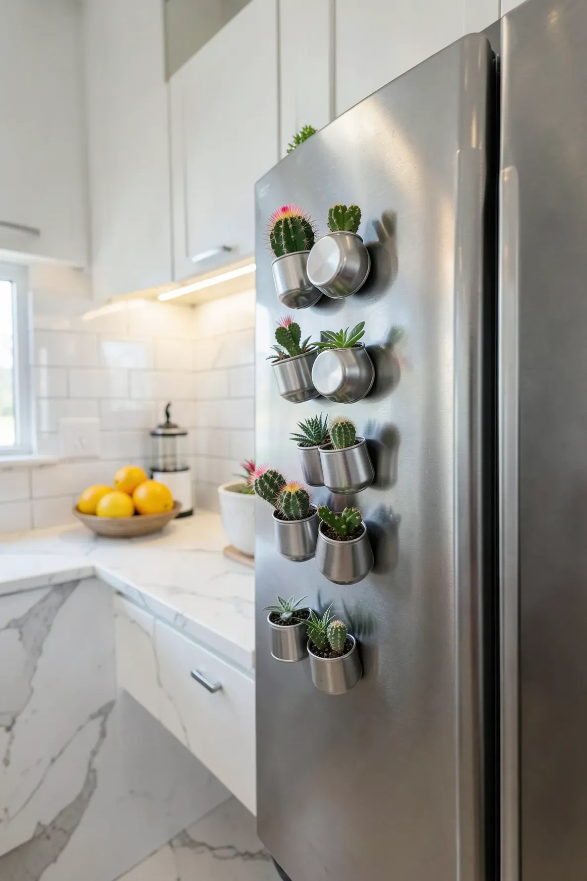 Small magnetic metal tins with tiny colorful cacti attached to a stainless steel refrigerator.