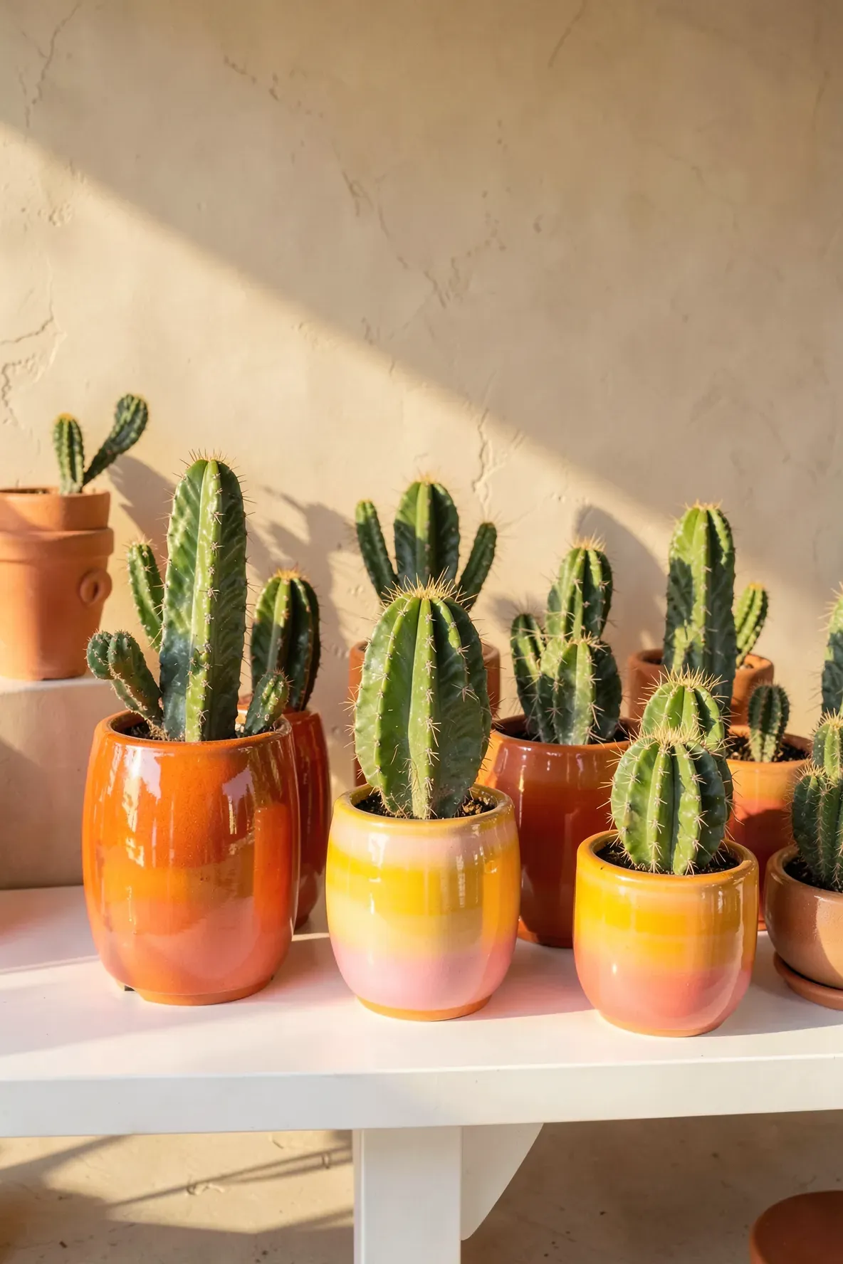 A row of colorful ombre ceramic pots holding different cacti on a white shelf in golden light.