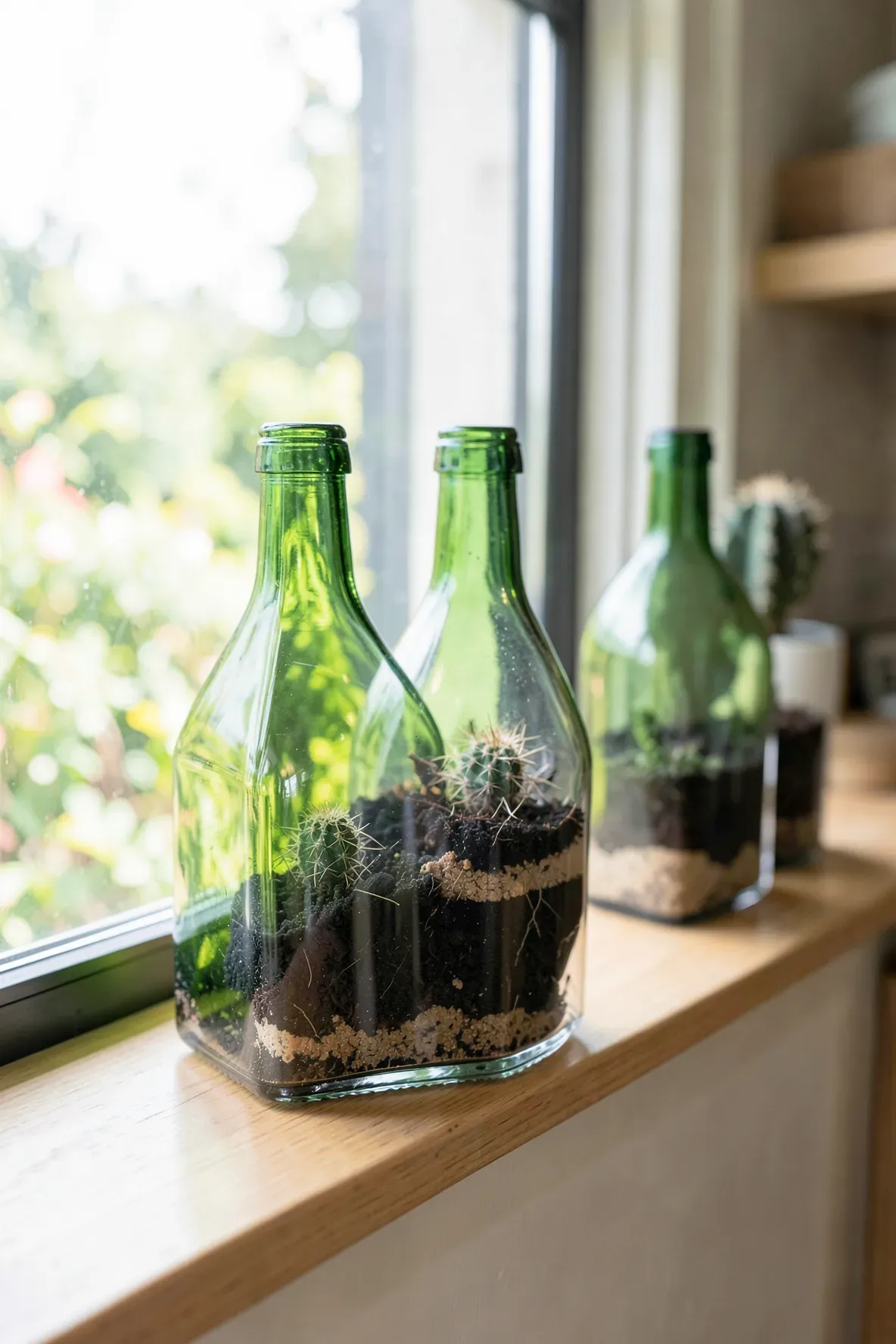Angled green glass wine bottles used as planters for cacti on a sunny wooden windowsill.