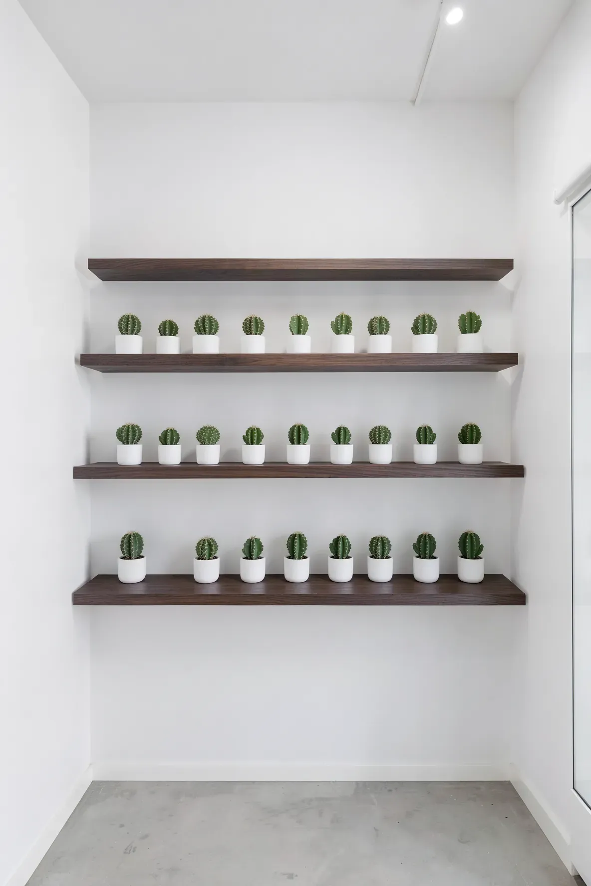 Identical small white pots with cacti arranged neatly on three dark wood floating shelves.