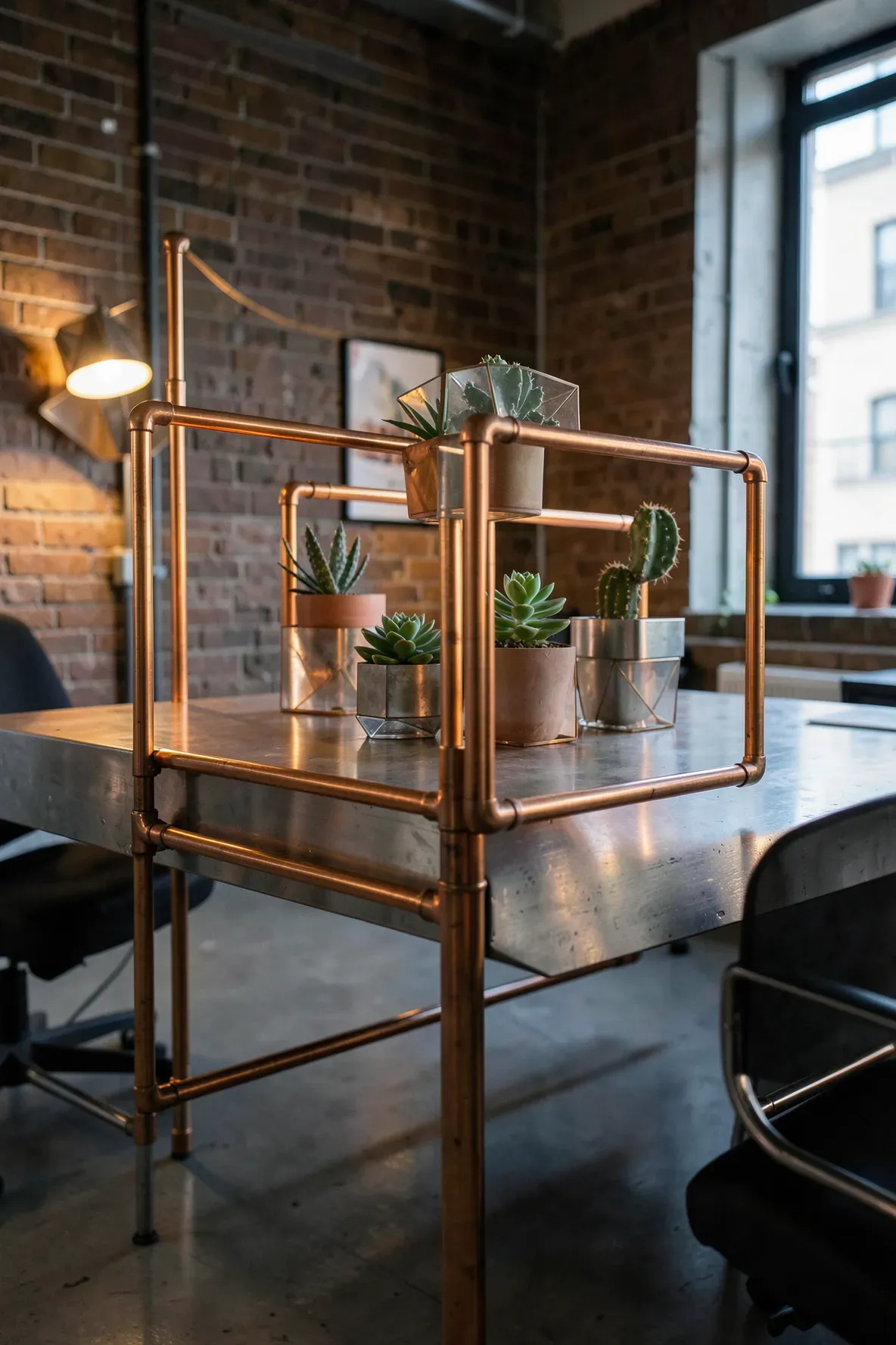 A geometric copper pipe frame holding small cactus pots on a concrete desk against a brick wall.