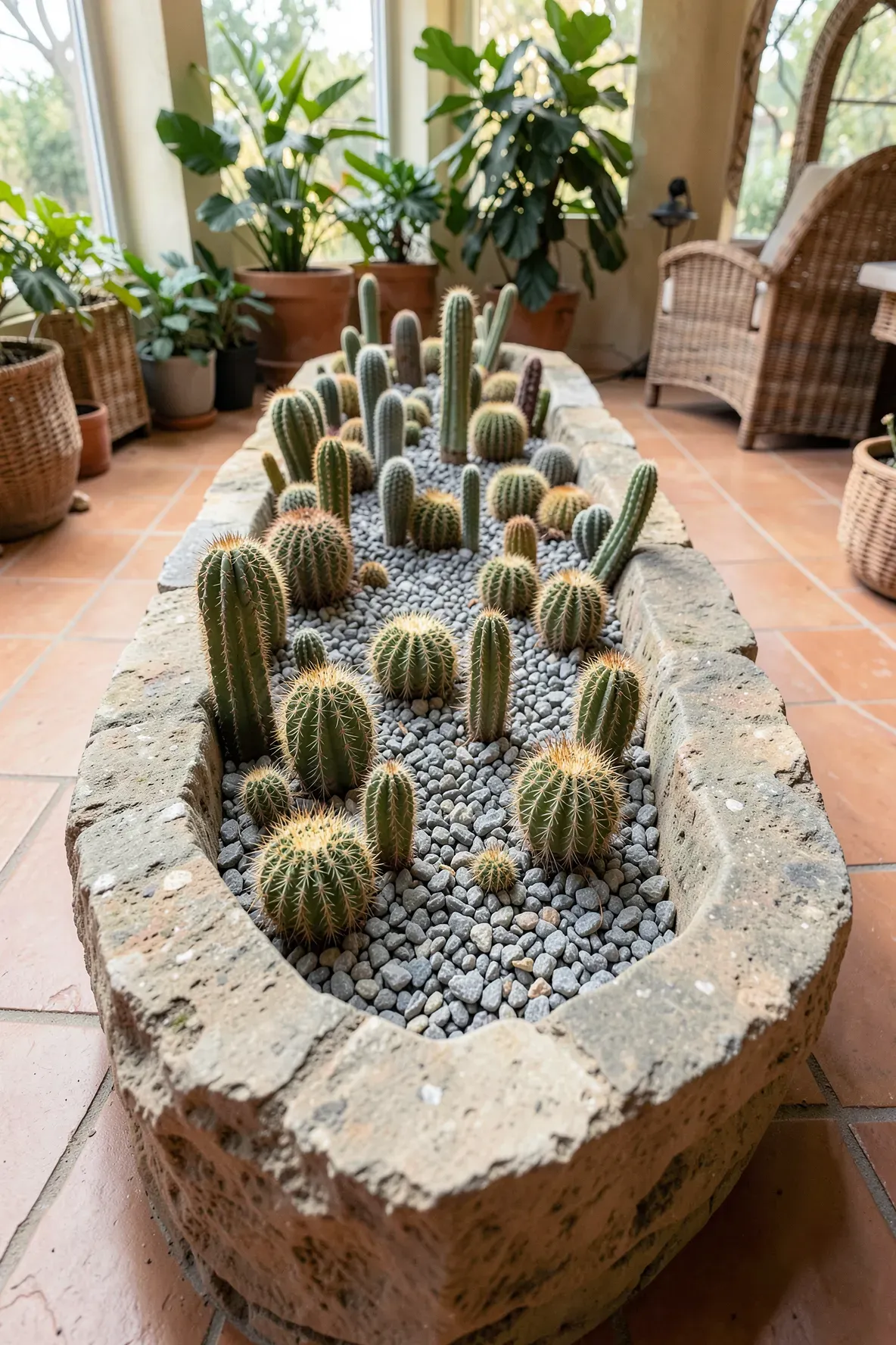 A long stone planter filled with various cacti and small grey stones in a sunlit room.