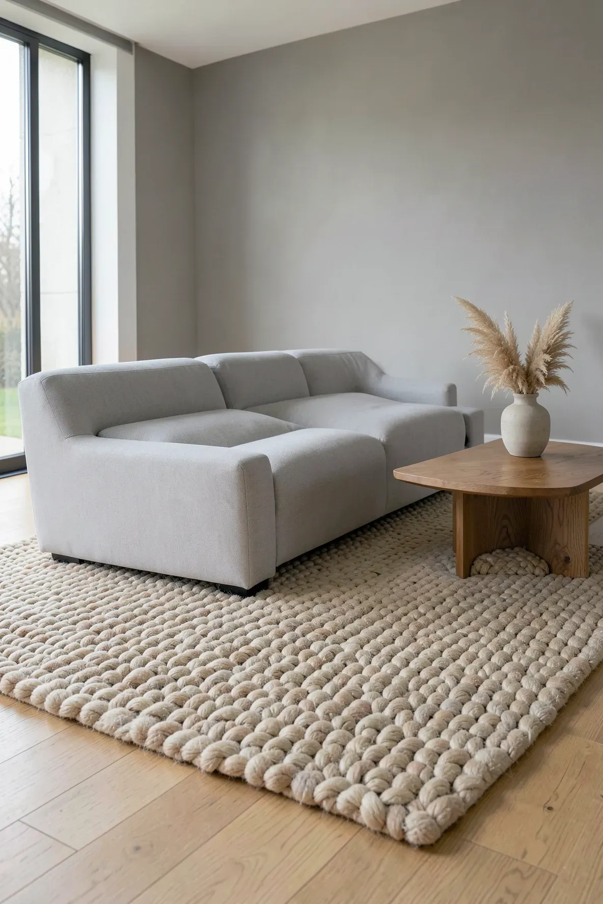 A light gray fabric sofa on a thick, textured chunky wool beige rug in a bright modern room.