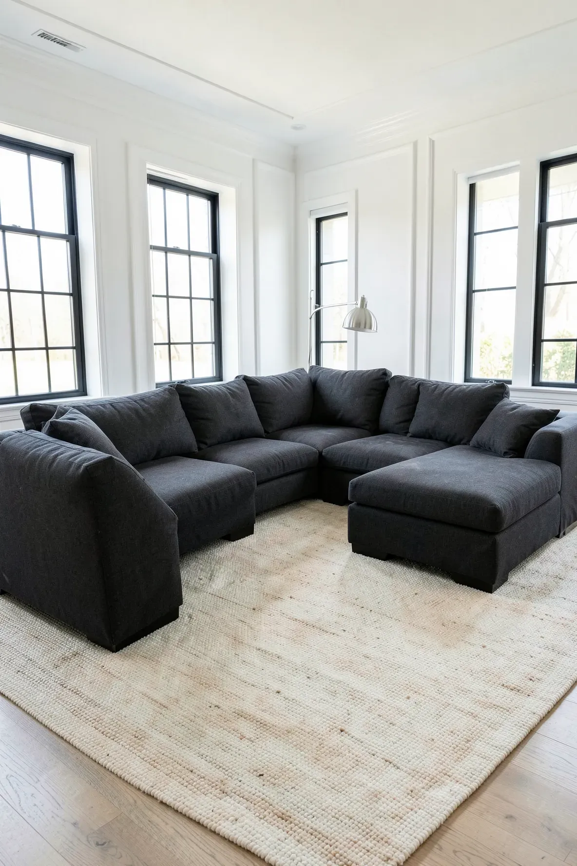 A dark charcoal sectional sofa over a light off-white jute rug in a sunlit contemporary room.