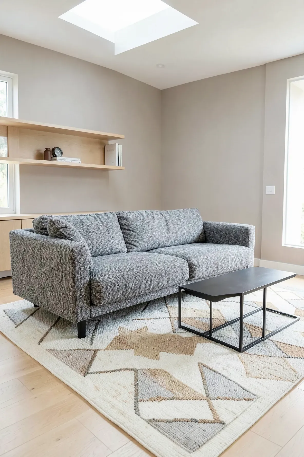 A heathered gray sofa on a cream and tan geometric patterned rug in a bright room.
