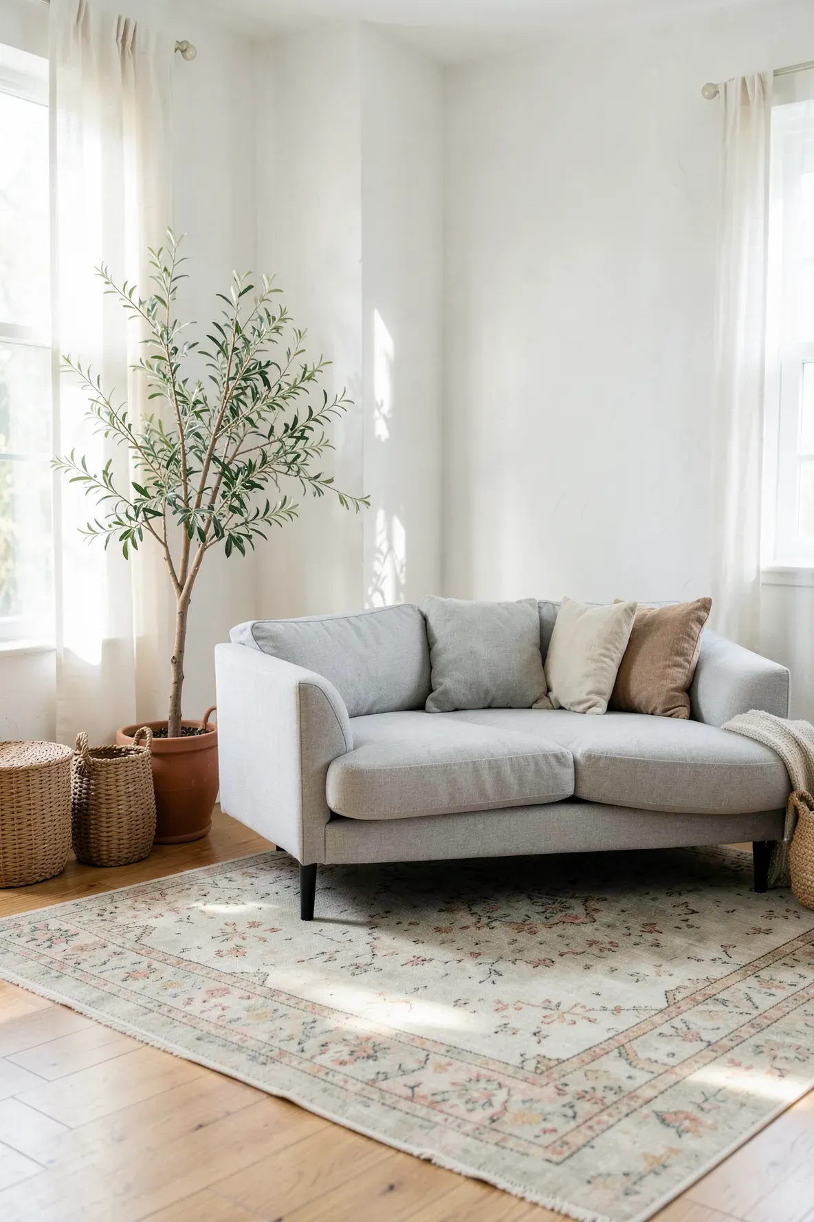 A light gray sofa on a faded beige vintage rug in a serene, airy Studio McGee style room.