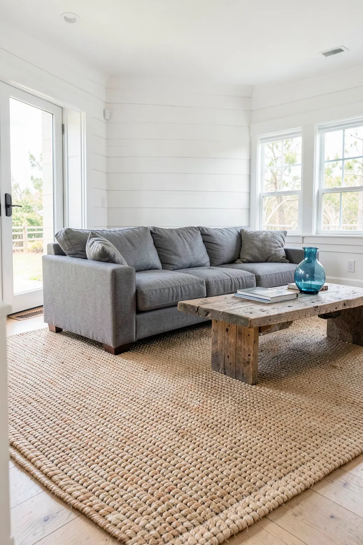 A slate gray sofa on a golden-beige braided sisal rug in a bright farmhouse living room.