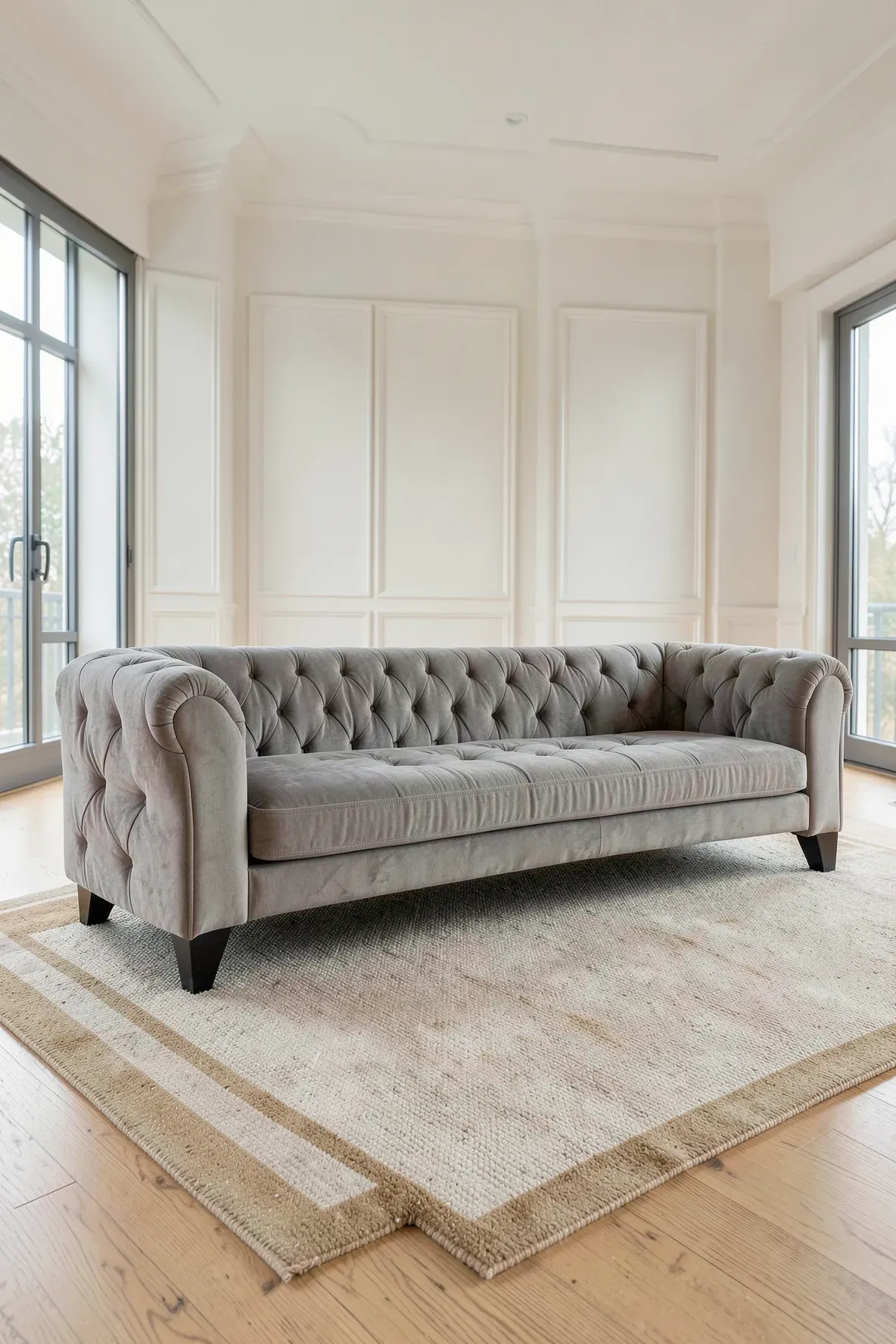 A dove gray tufted sofa centered on a large beige rug with a dark tan border in a bright room.