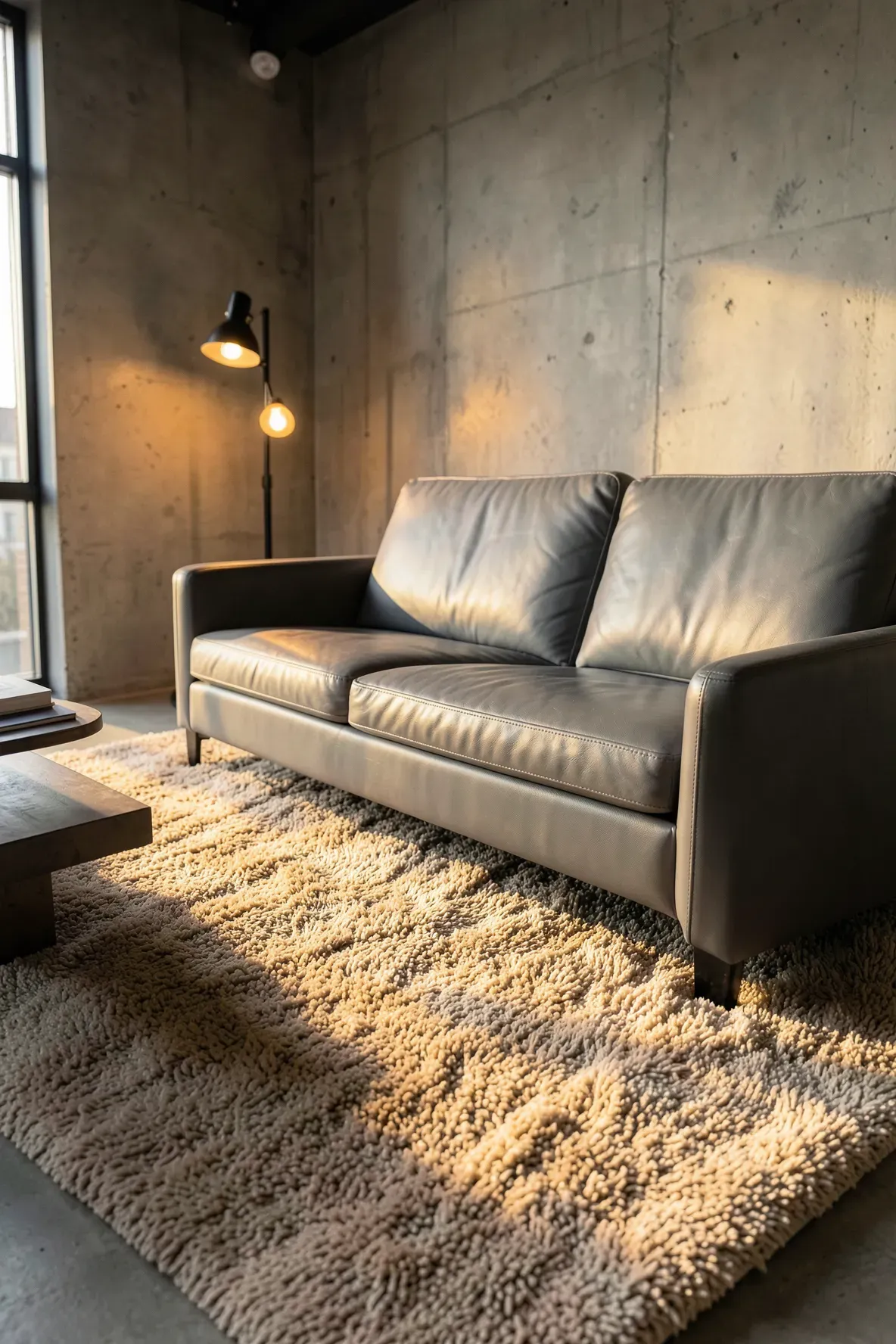 A cool gray leather sofa paired with a plush sandy beige rug in a modern sunlit lounge.