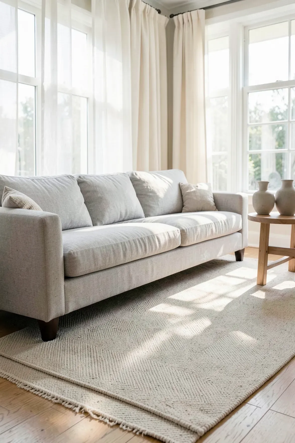 A light gray linen sofa on a beige rug with a subtle herringbone pattern in a bright room.