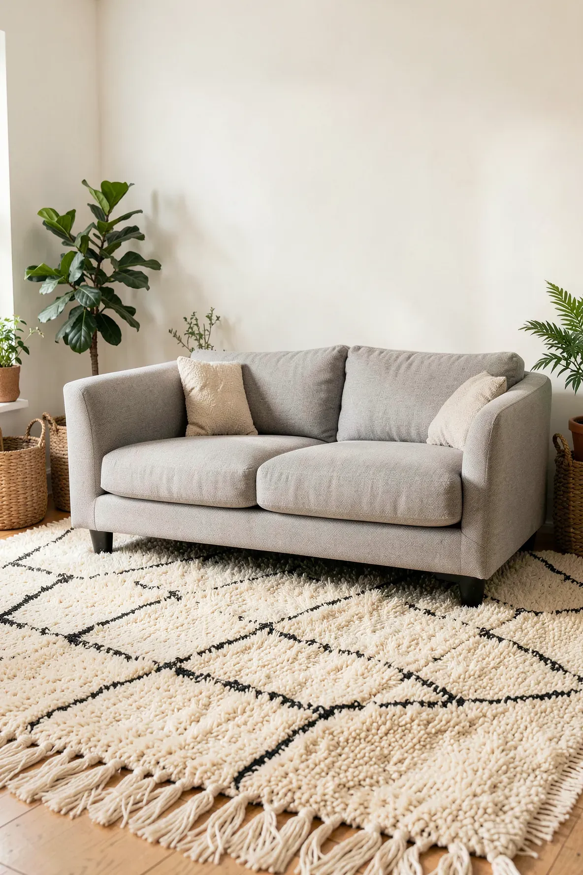 A pebble gray couch on a thick Moroccan rug with beige tassels and black diamond patterns.