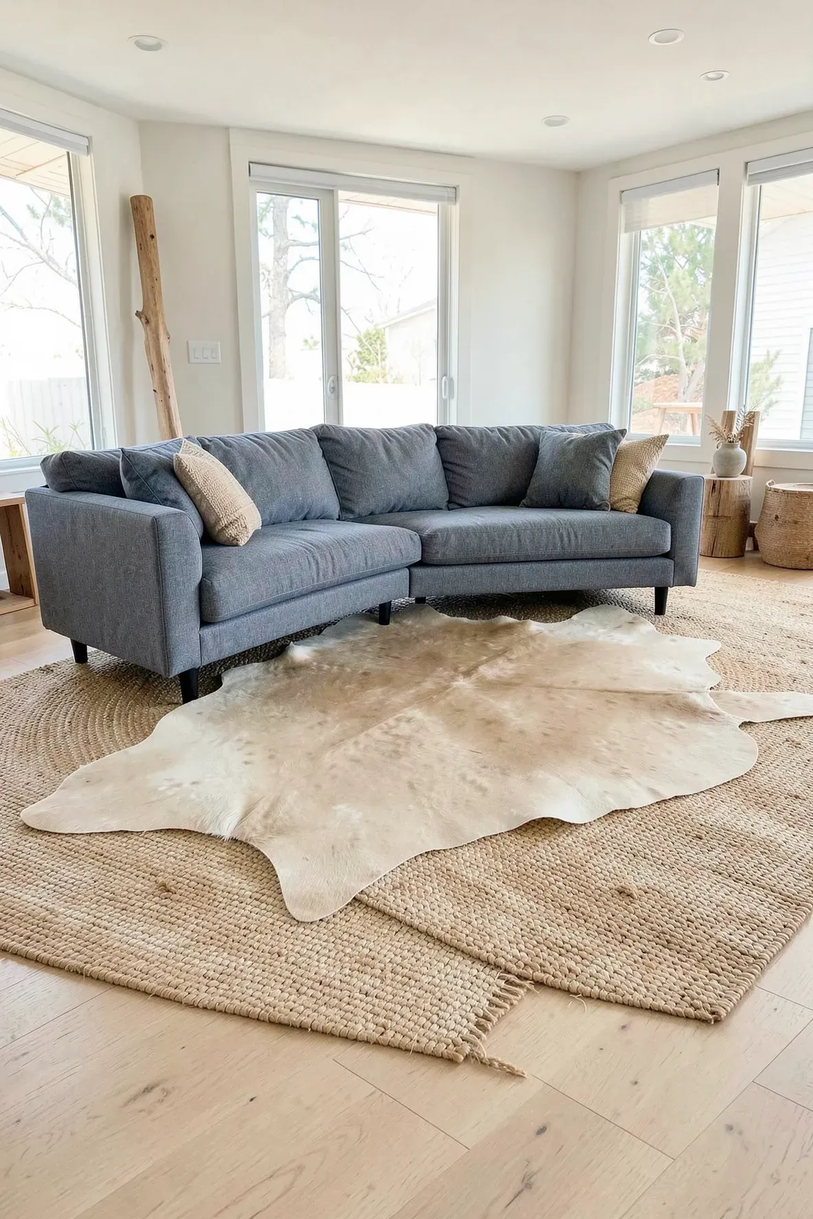 A blue-gray sofa with a beige cowhide rug layered over a large seagrass rug in a bright room.