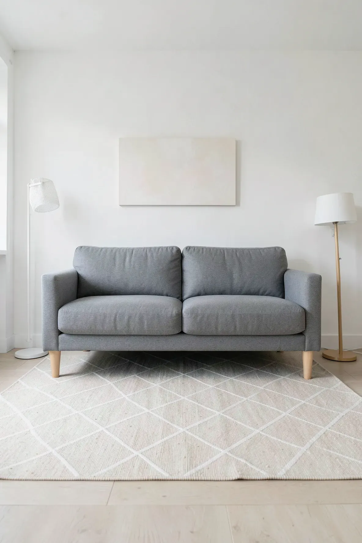 An ash gray sofa on a thin beige flatweave rug with a white diamond pattern in a minimalist room.