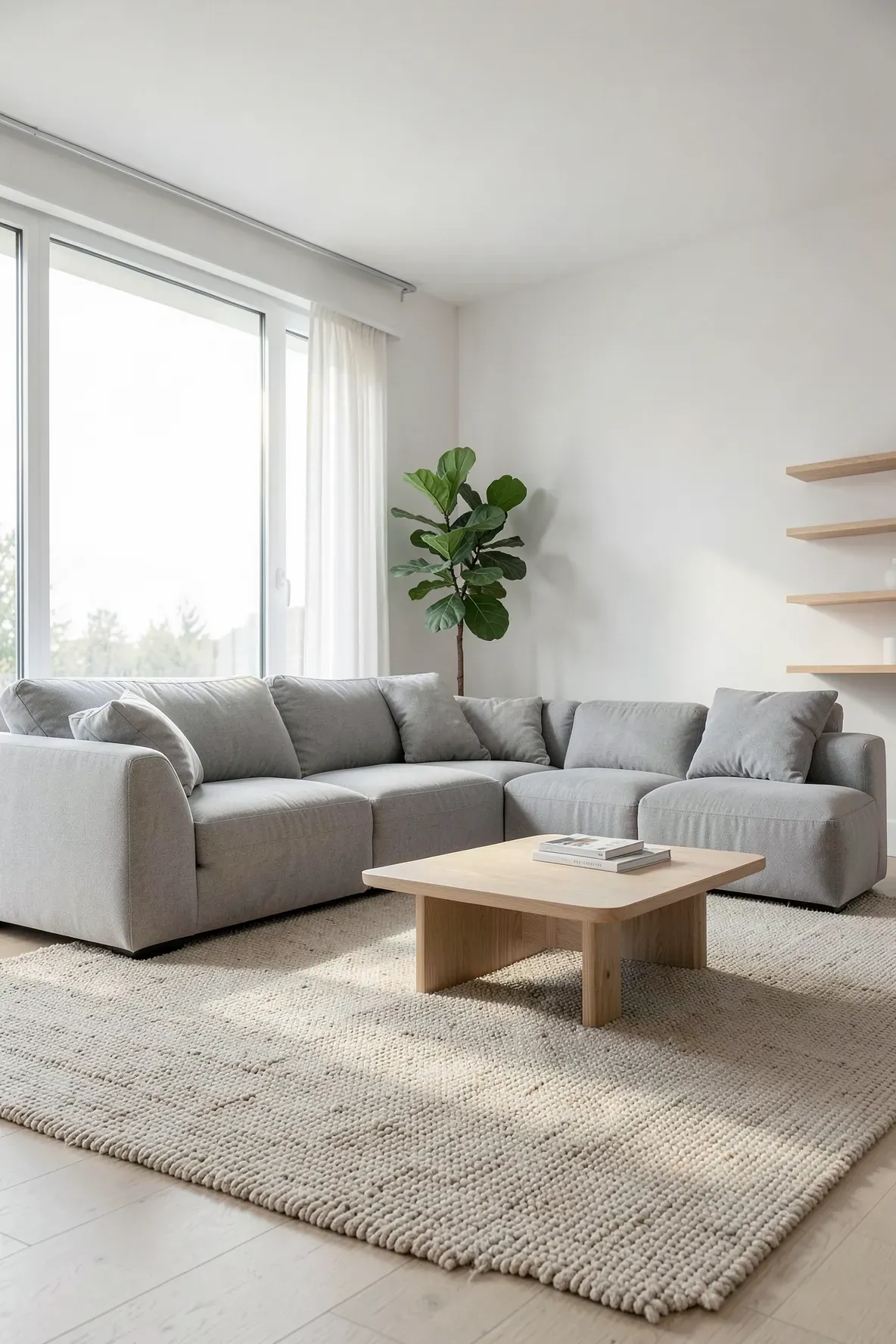 A bright living room with a light gray couch and a thick beige rug on a wooden floor.