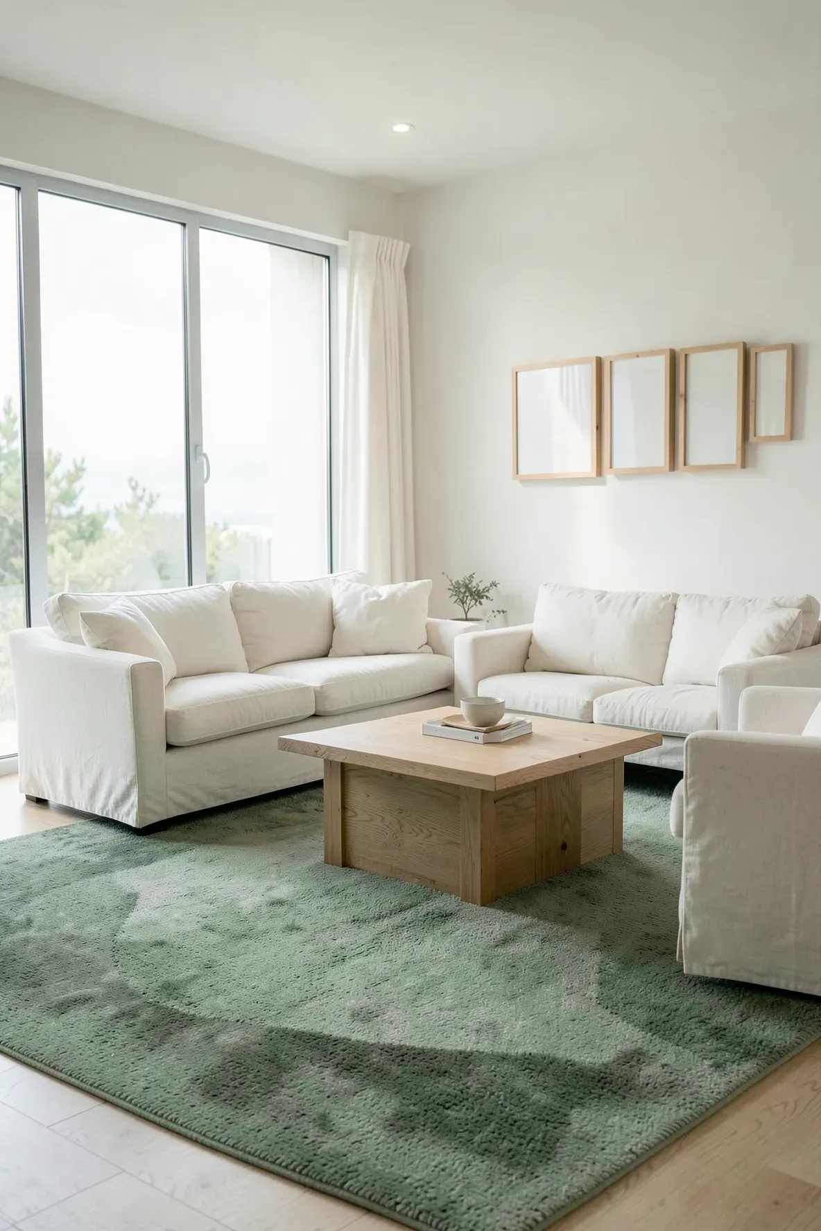 A sage green rug under cream linen sofas in a bright, sunlit living room with wooden accents.