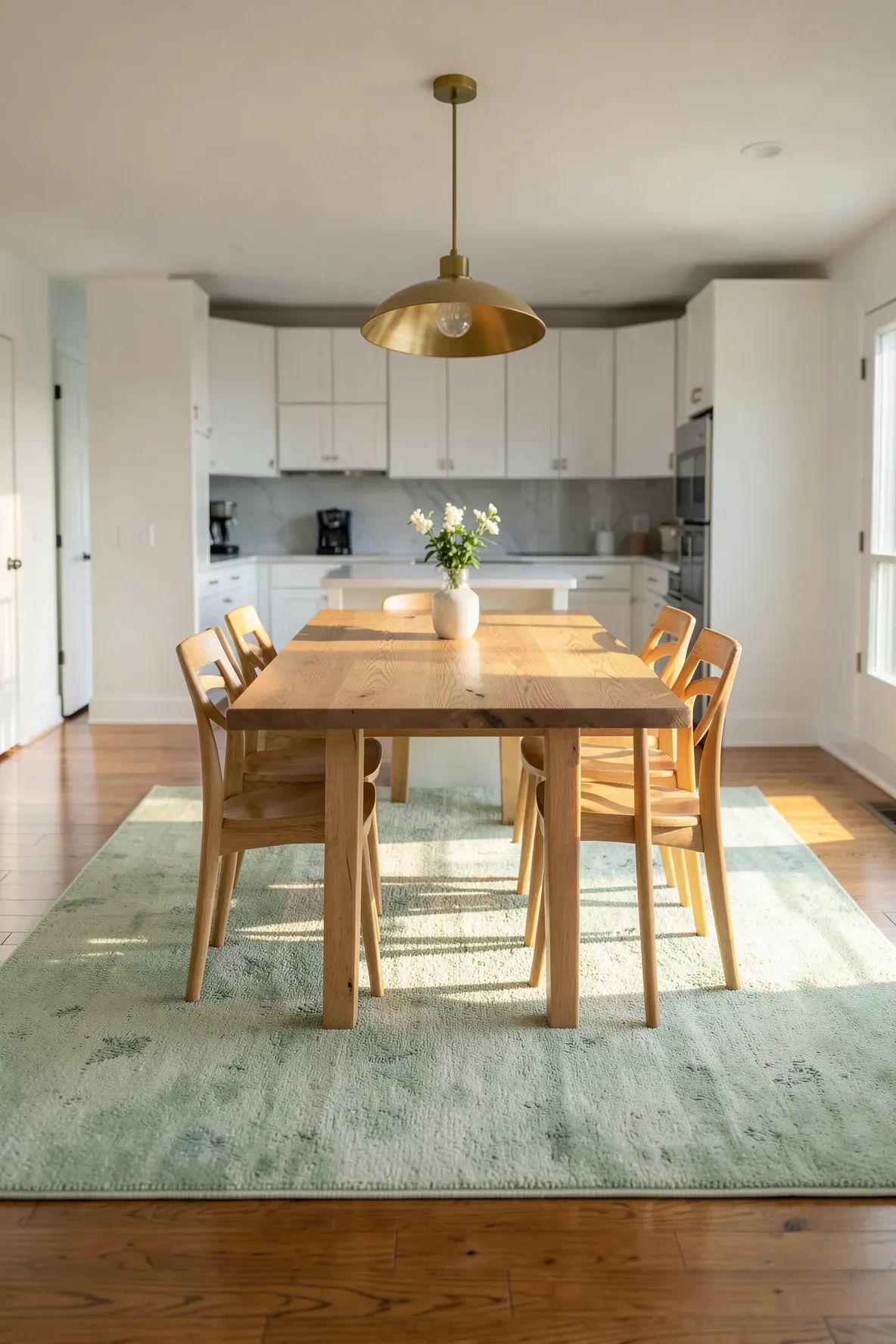 A light green rug under a wooden dining table in a bright, modern open-plan dining area.