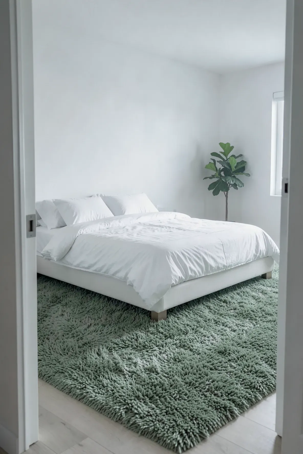 A plush sage green rug in a minimalist bedroom with white bedding and a peaceful atmosphere.