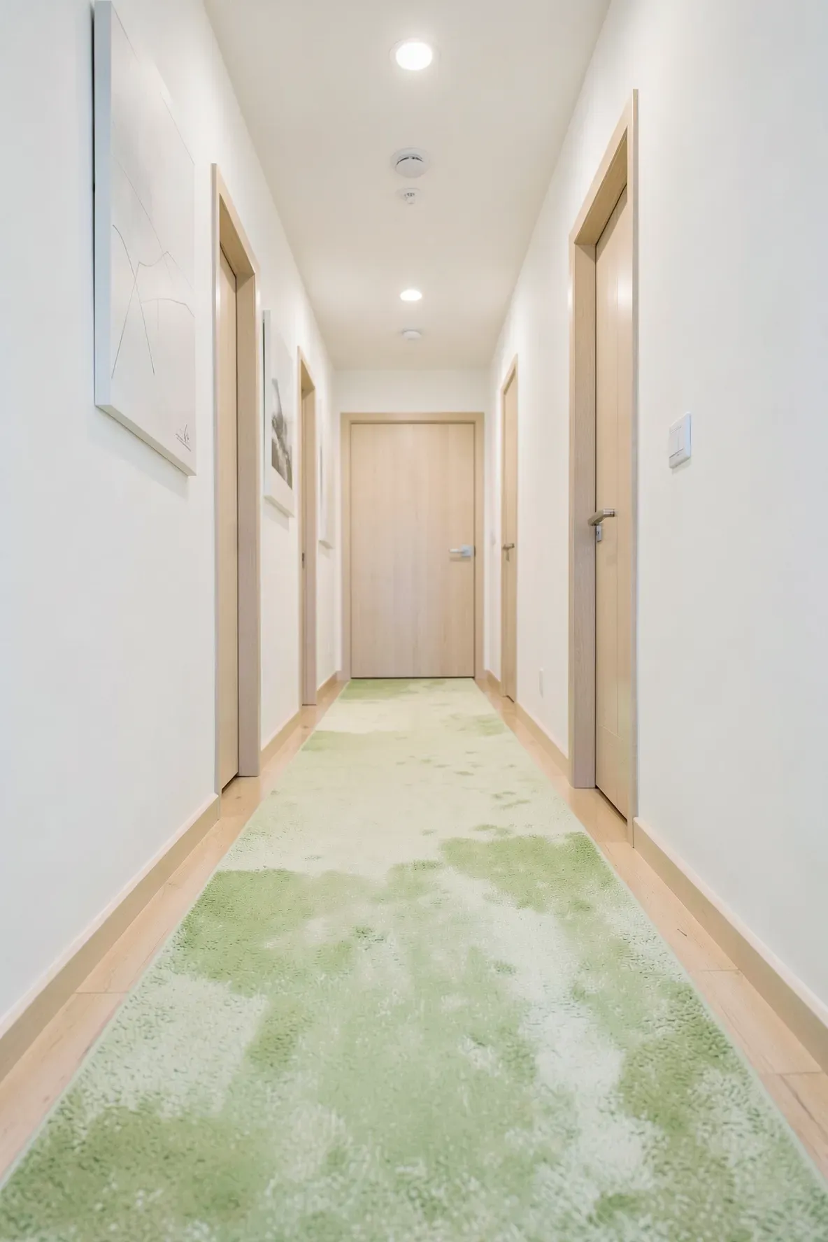 A long light green runner rug in a bright, narrow hallway with white walls and wooden doors.