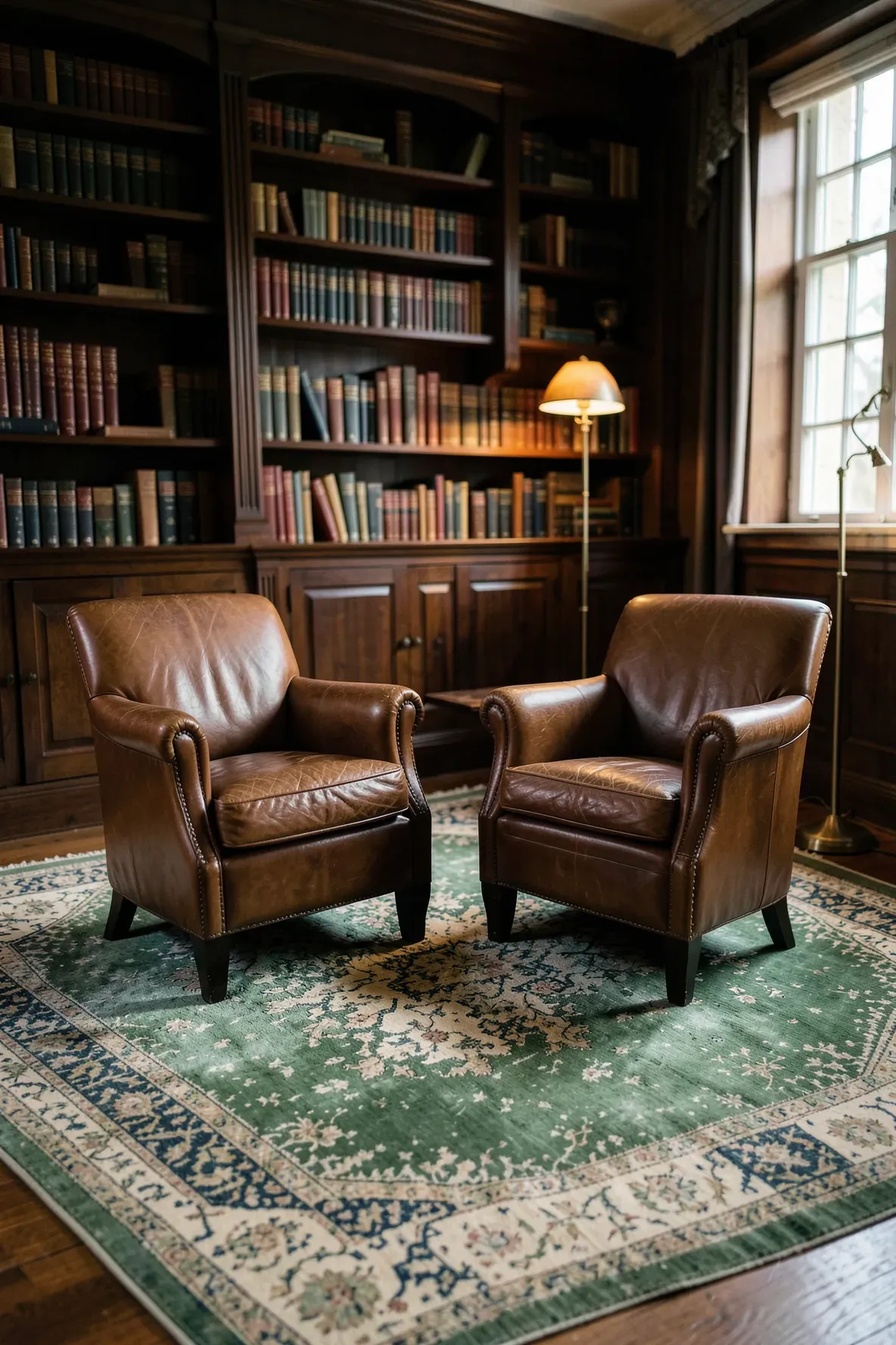 A faded green and cream Oriental rug with two cognac leather chairs in a traditional den.