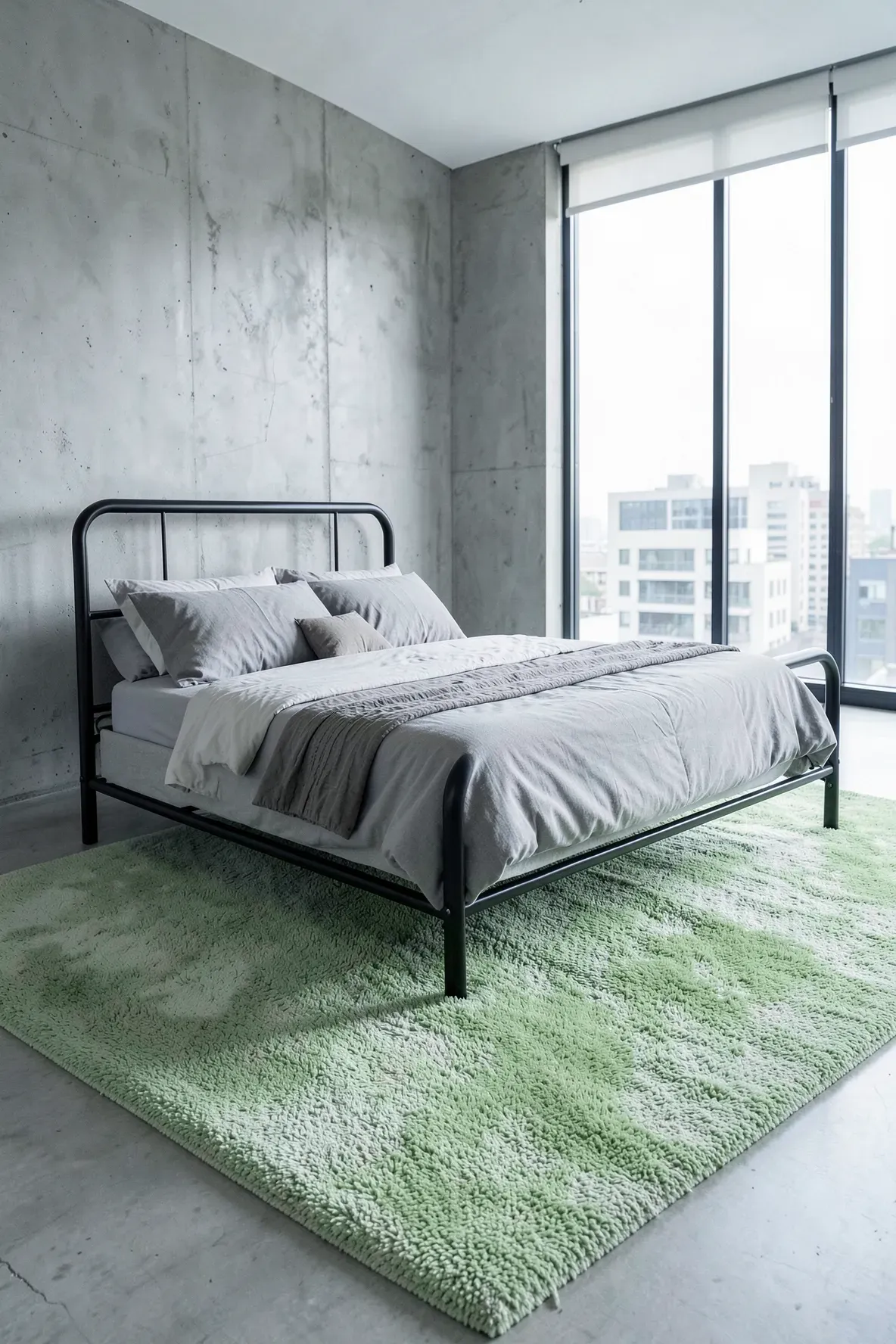 A plush light green rug under a modern black metal bed frame in a bright, stylish bedroom.