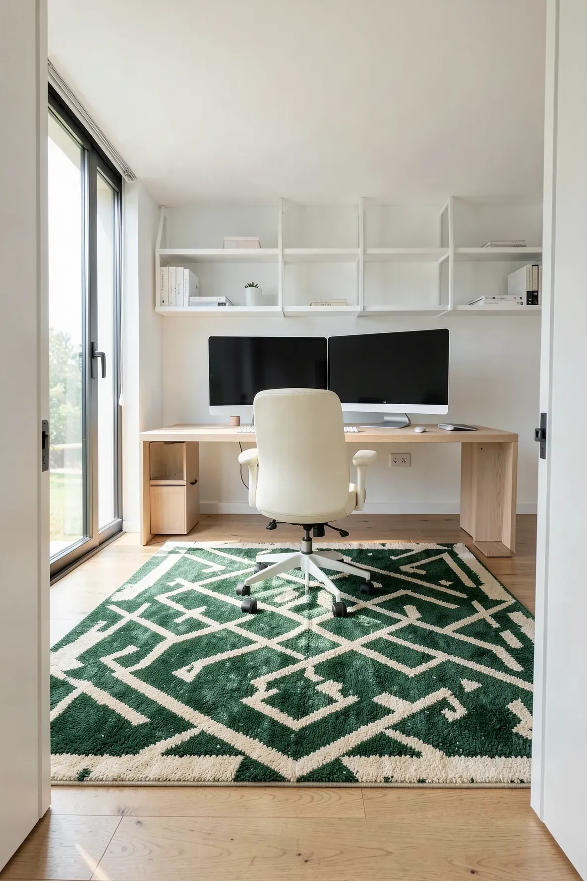 A modern home office with a bold geometric green and cream rug under a white desk and chair.
