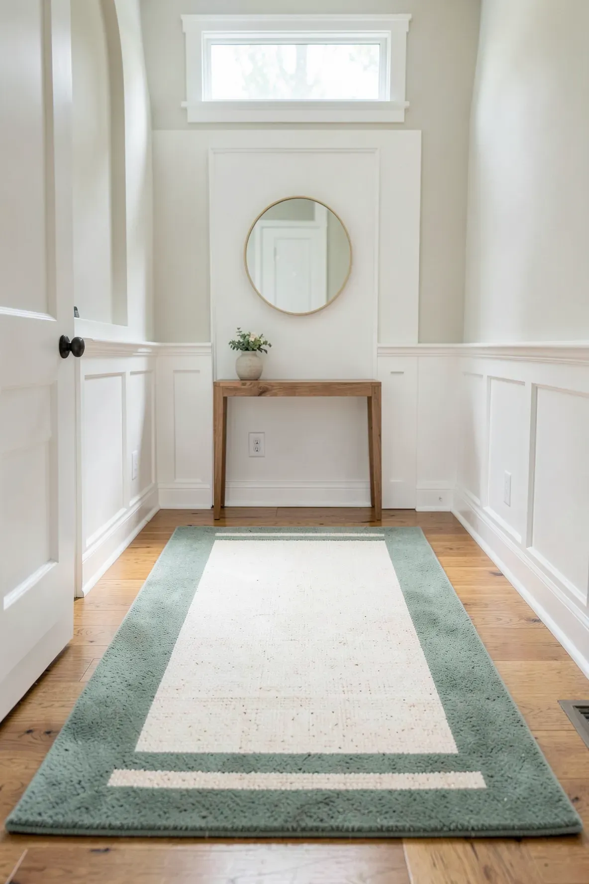 A clean entryway foyer featuring a cream rug with a sage green border on light wood floors.
