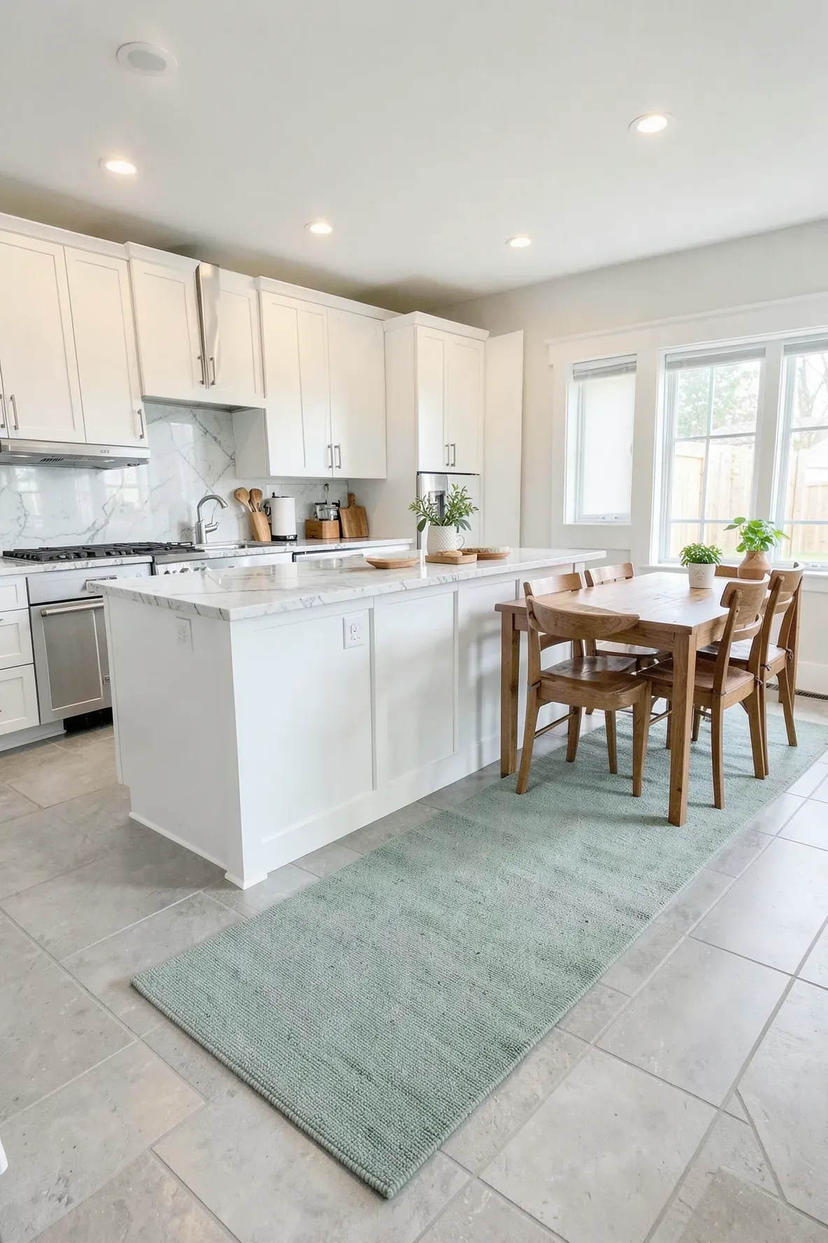 A sage green washable runner rug in a bright modern kitchen with white cabinets and marble counters.