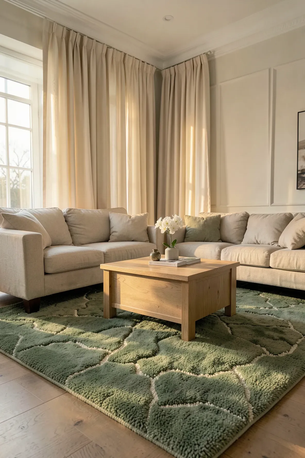 A luxurious living room with a thick sage green tufted rug and matching cream curtains.
