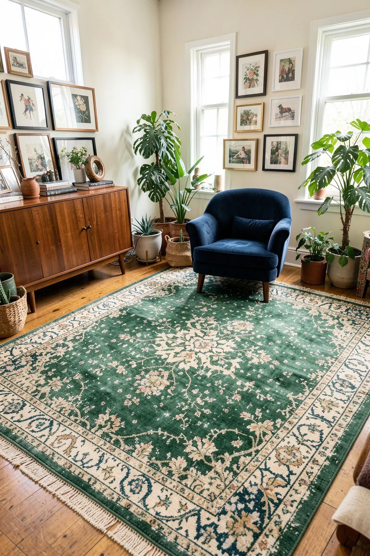 A vintage-style green and cream rug in a colorful eclectic living room with a gallery wall.