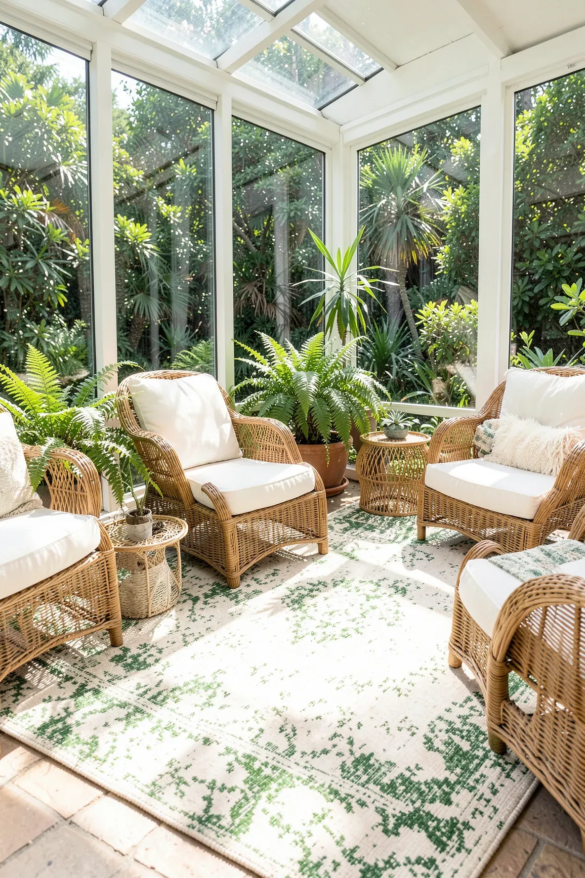 A bright sunroom with wicker furniture and a distressed cream and green rug overlooking a garden.