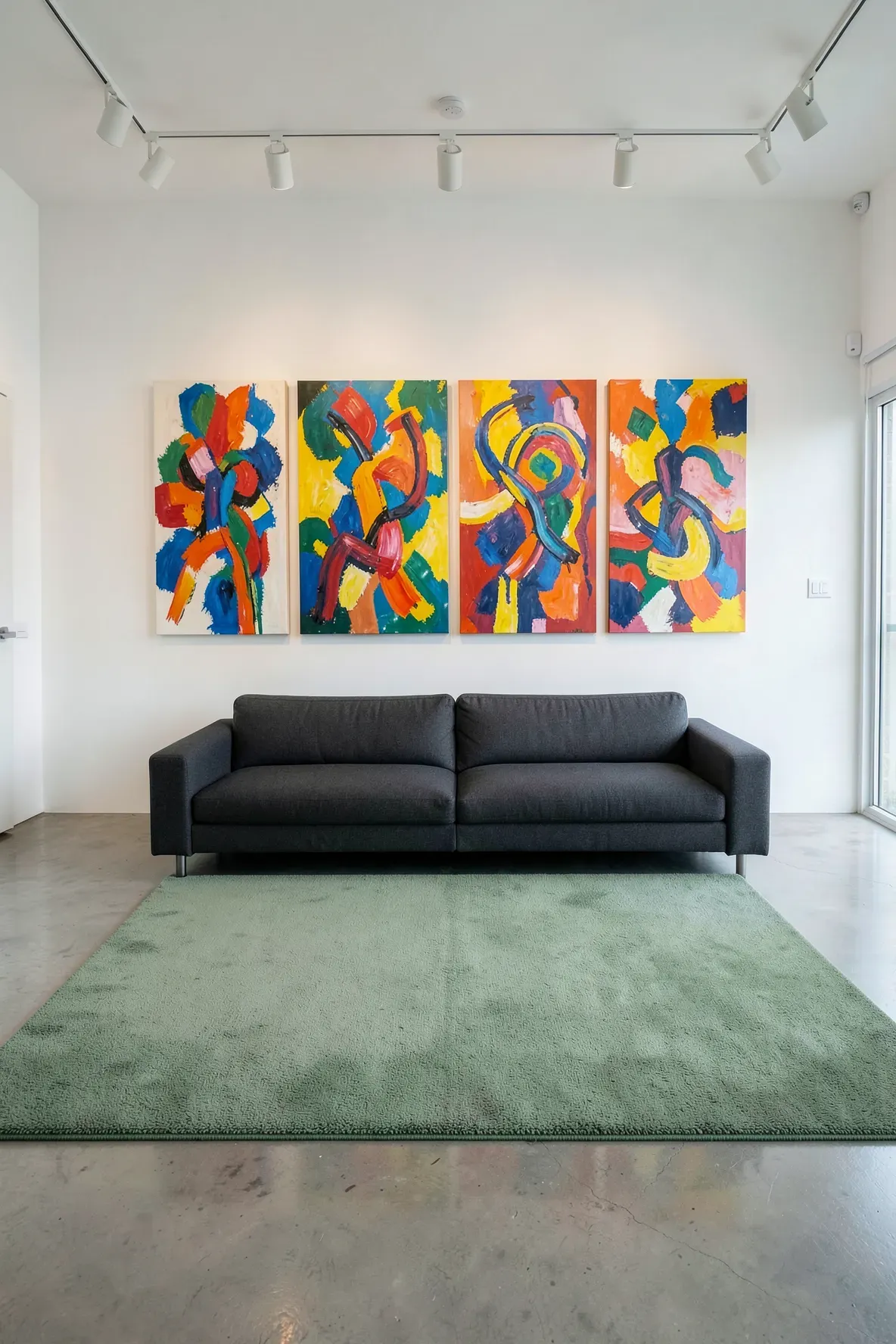A solid sage green rug grounding a modern room with large colorful abstract paintings on the wall.