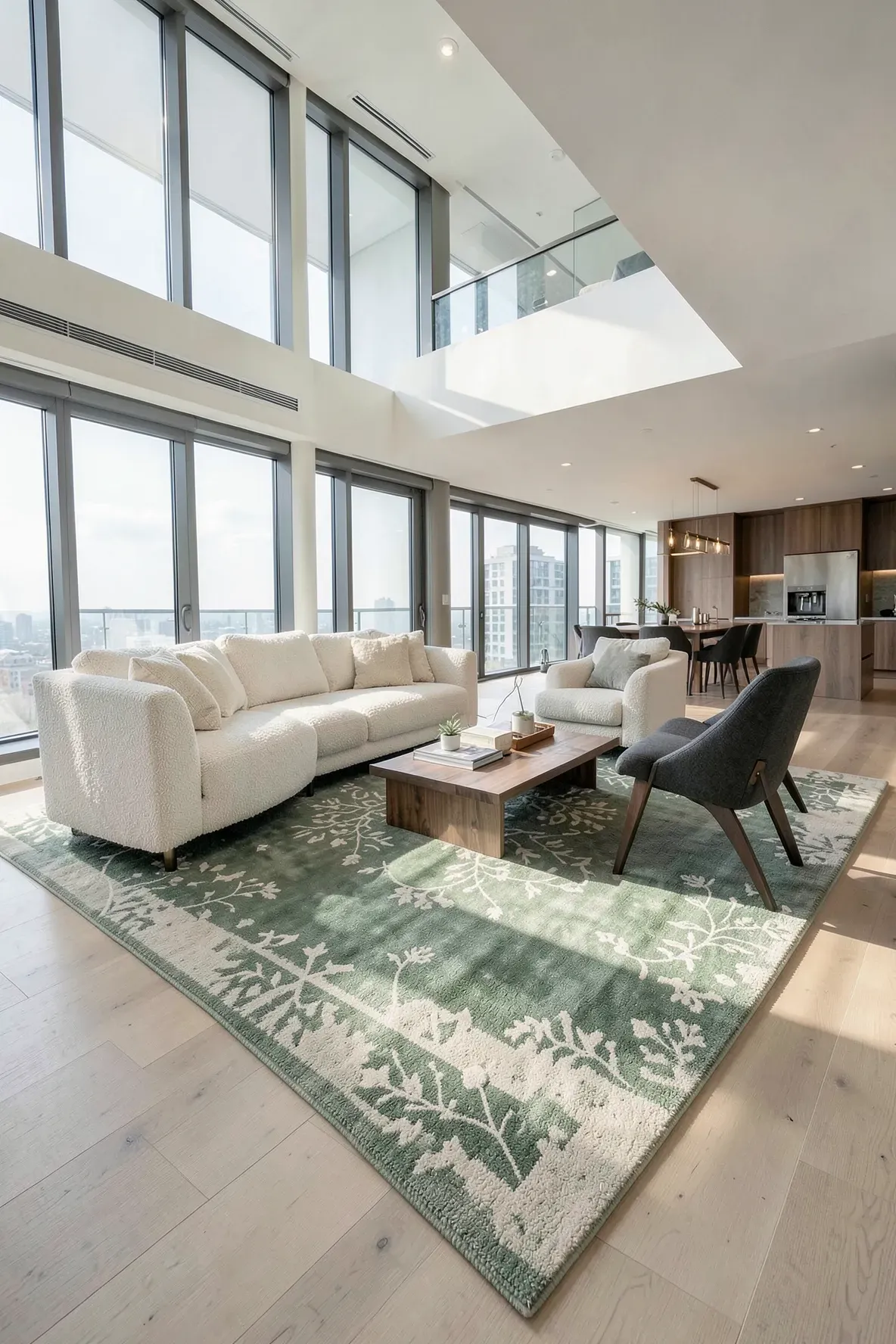 A wide-angle view of a modern open-concept living room anchored by a large sage green and cream rug.