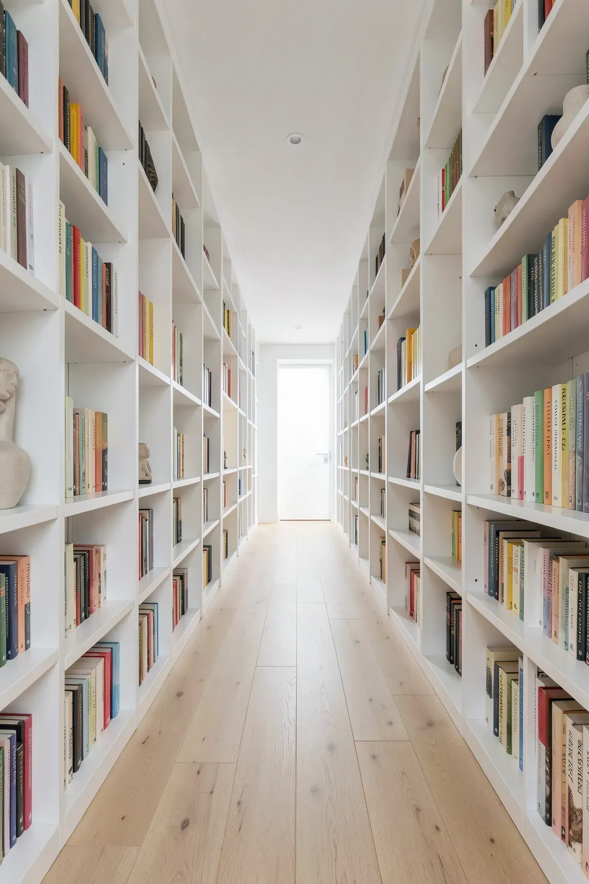 A long narrow white hallway with seamless floor-to-ceiling built-in bookshelves filled with colorful books.