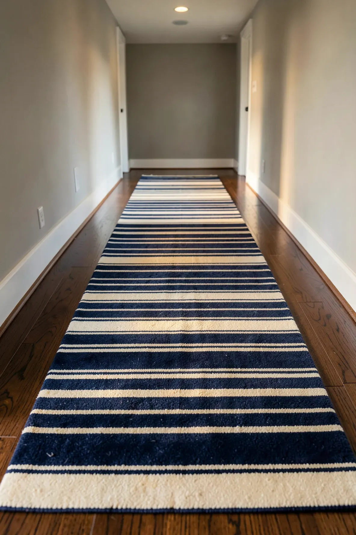 A long narrow hallway with a navy and cream striped runner rug that makes the floor appear wider.