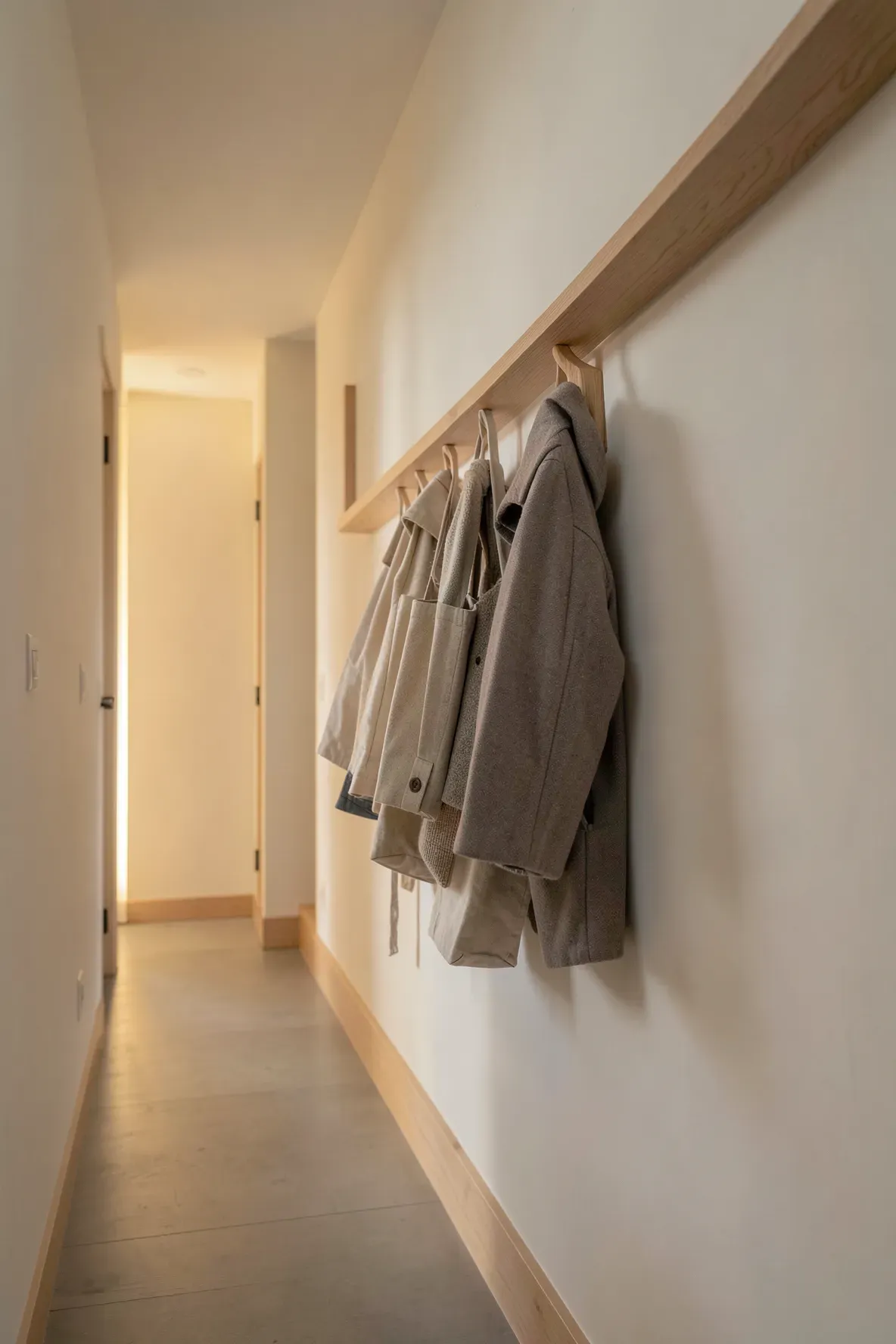 A minimalist wooden peg rail mounted on a light-colored wall in a narrow hallway.