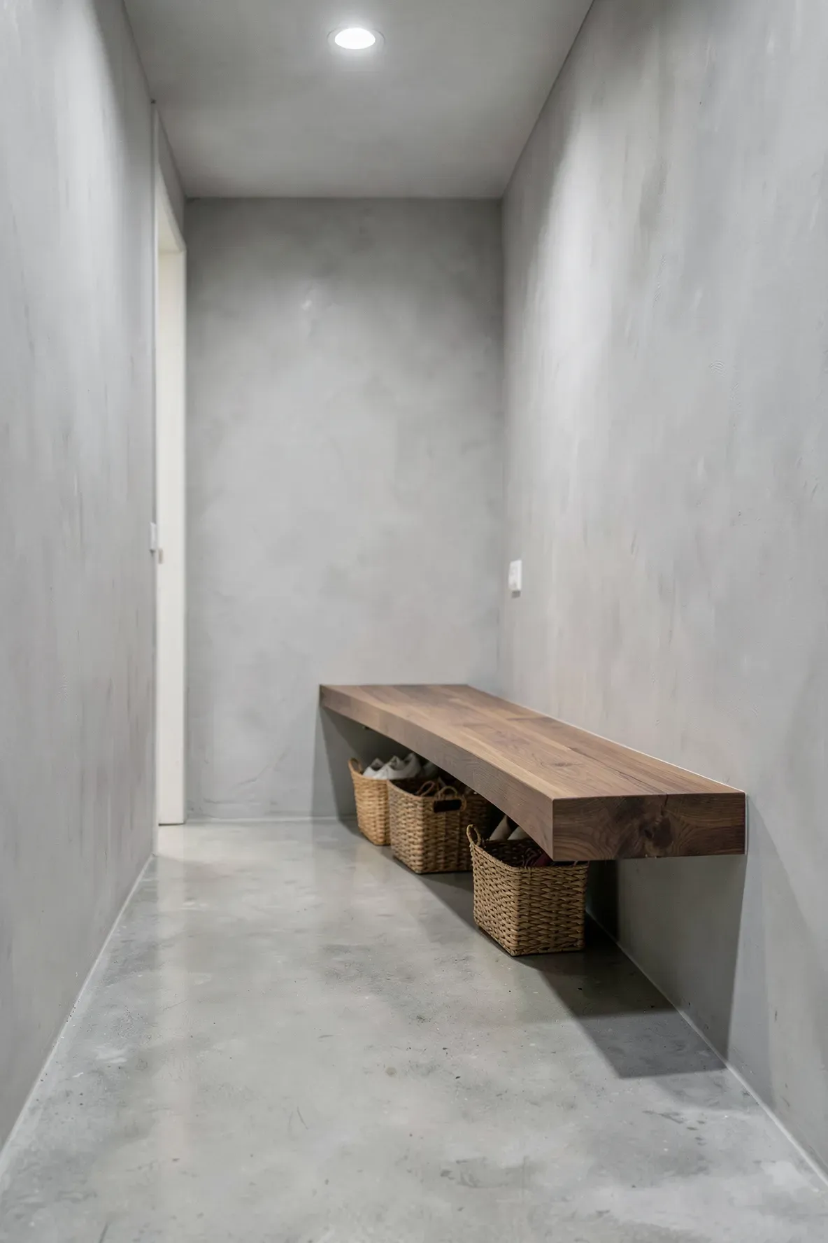 A floating wooden bench with storage baskets underneath in a narrow modern hallway.