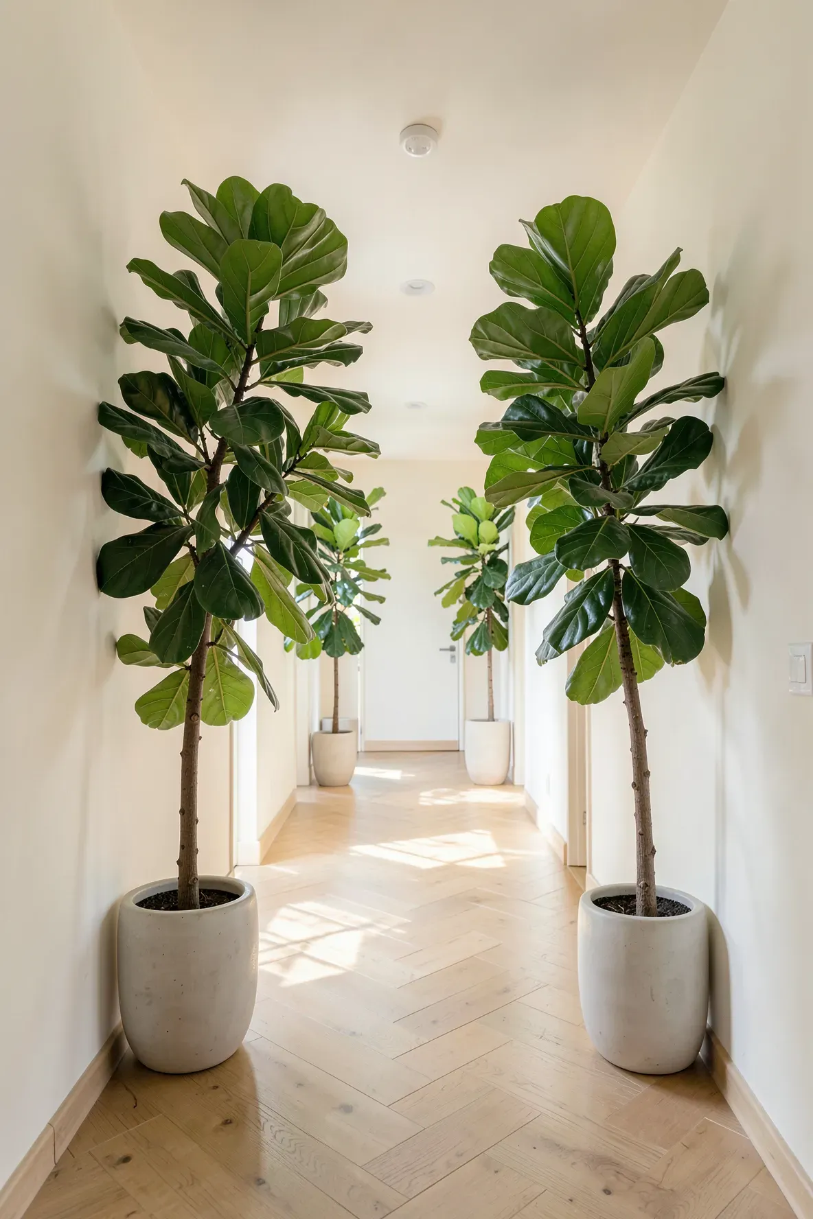 Two tall green potted trees at the entrance of a long, narrow, sunlit hallway.