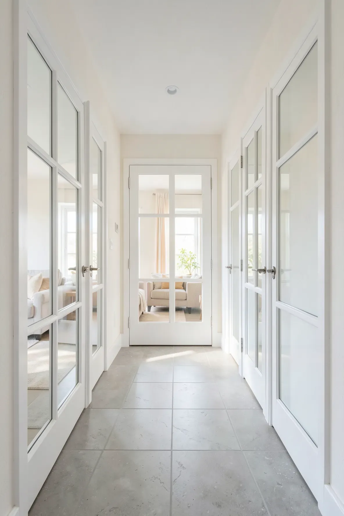Bright hallway with glass-paneled doors allowing sunlight to flow between rooms.