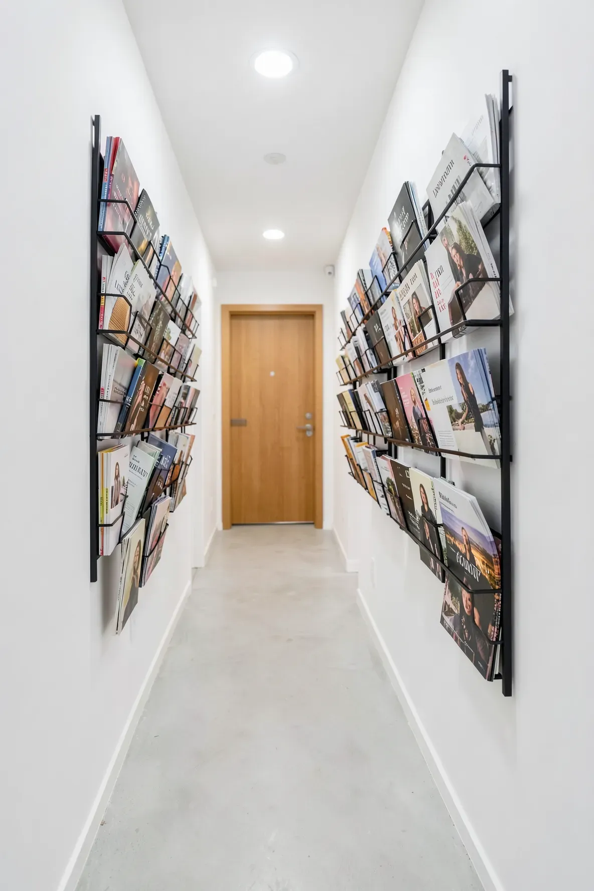 Slim black metal magazine racks mounted on a white hallway wall to save floor space.