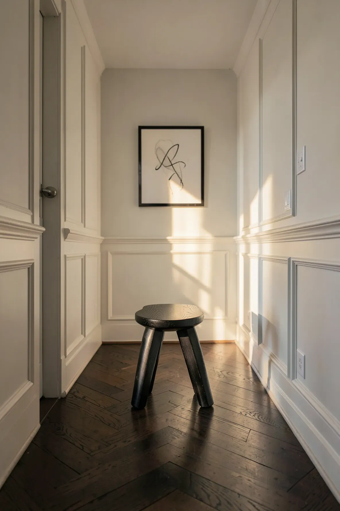 A unique charred wood sculptural stool acting as a focal point in a narrow, elegant hallway.