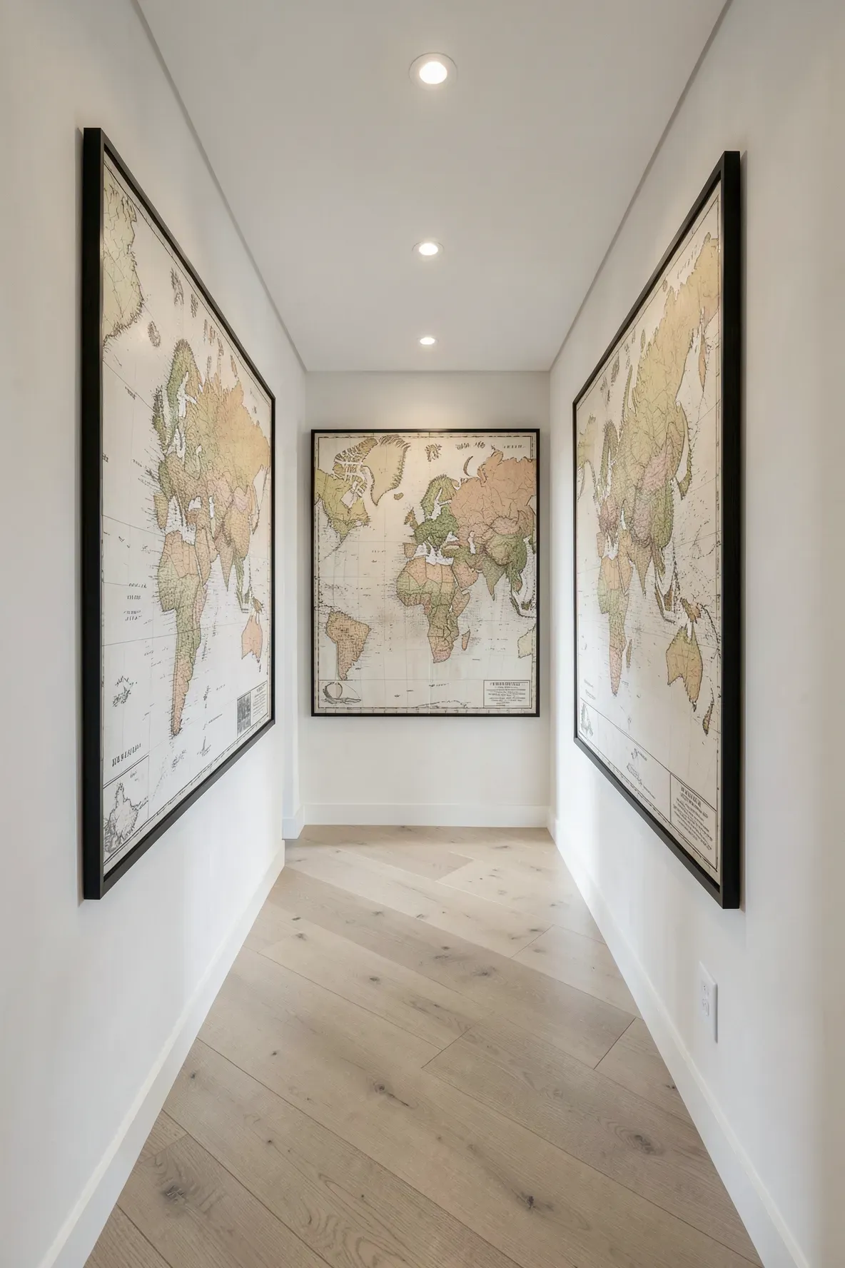 A long narrow hallway featuring a large framed vintage map on a white wall with light wood floors.