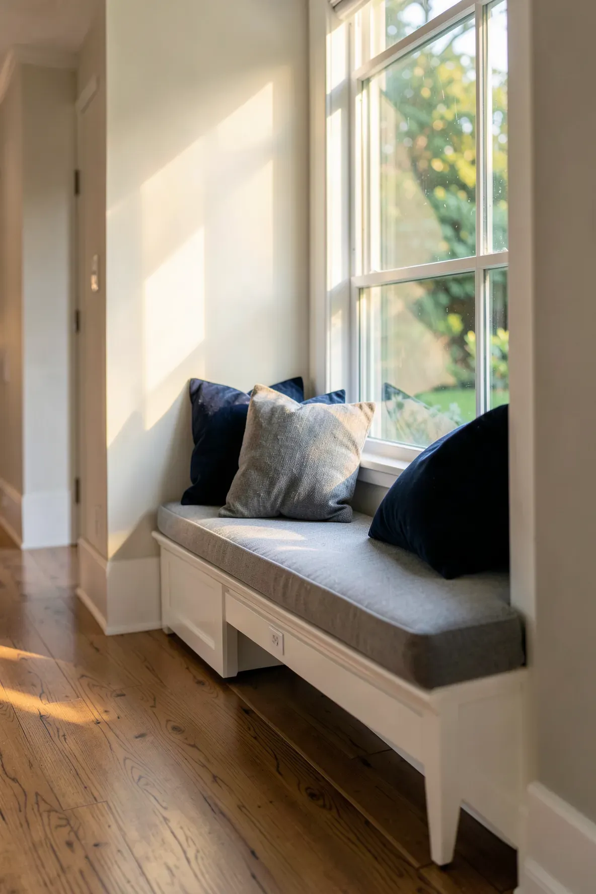 A built-in window seat with cushions in a hallway alcove, creating a cozy destination spot.