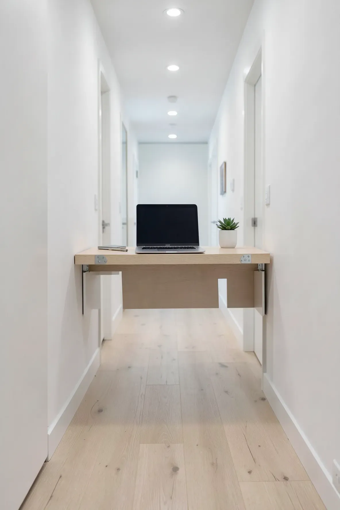 A minimalist folding wall desk in a narrow hallway, providing a compact workspace solution.