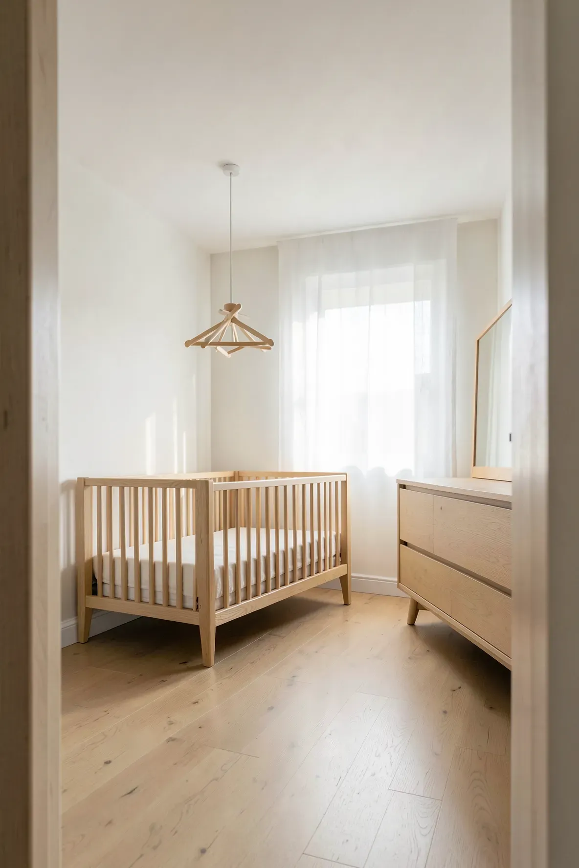 A bright, calm baby bedroom with warm white walls and light oak wood furniture in soft daylight.
