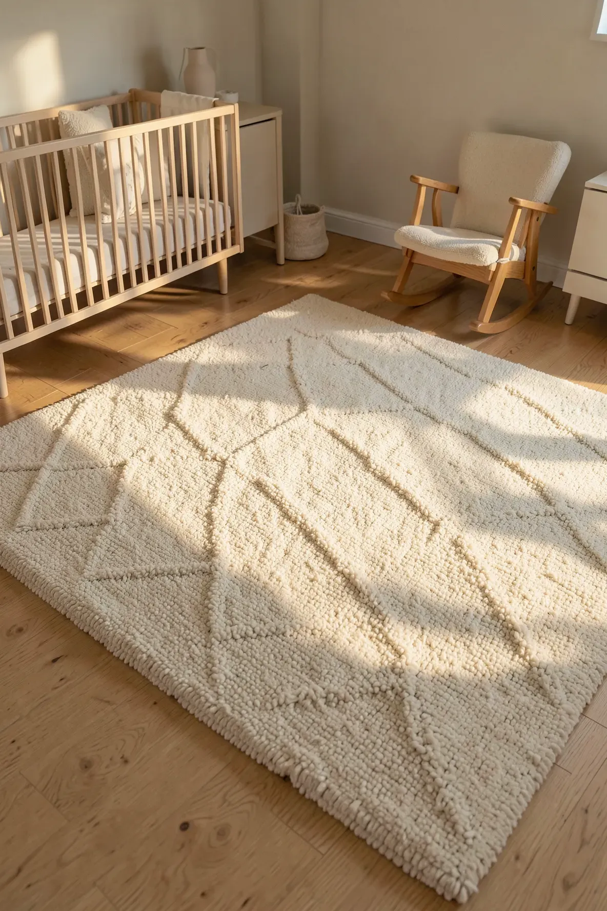 A large cream wool rug with a chunky weave on a light wood floor in a neutral baby room.