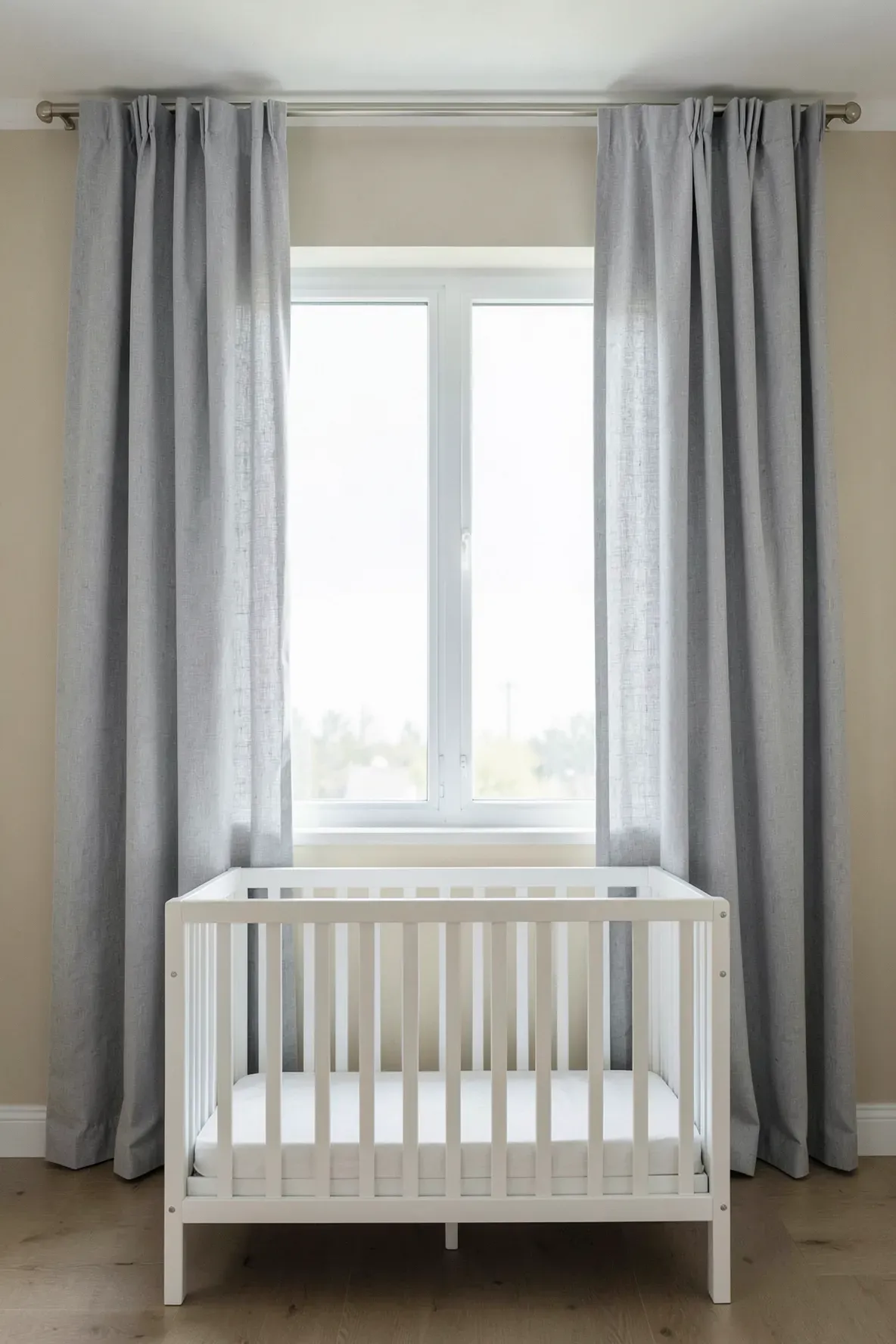 Light grey linen blackout curtains hanging in a bright, neutral-toned baby bedroom.