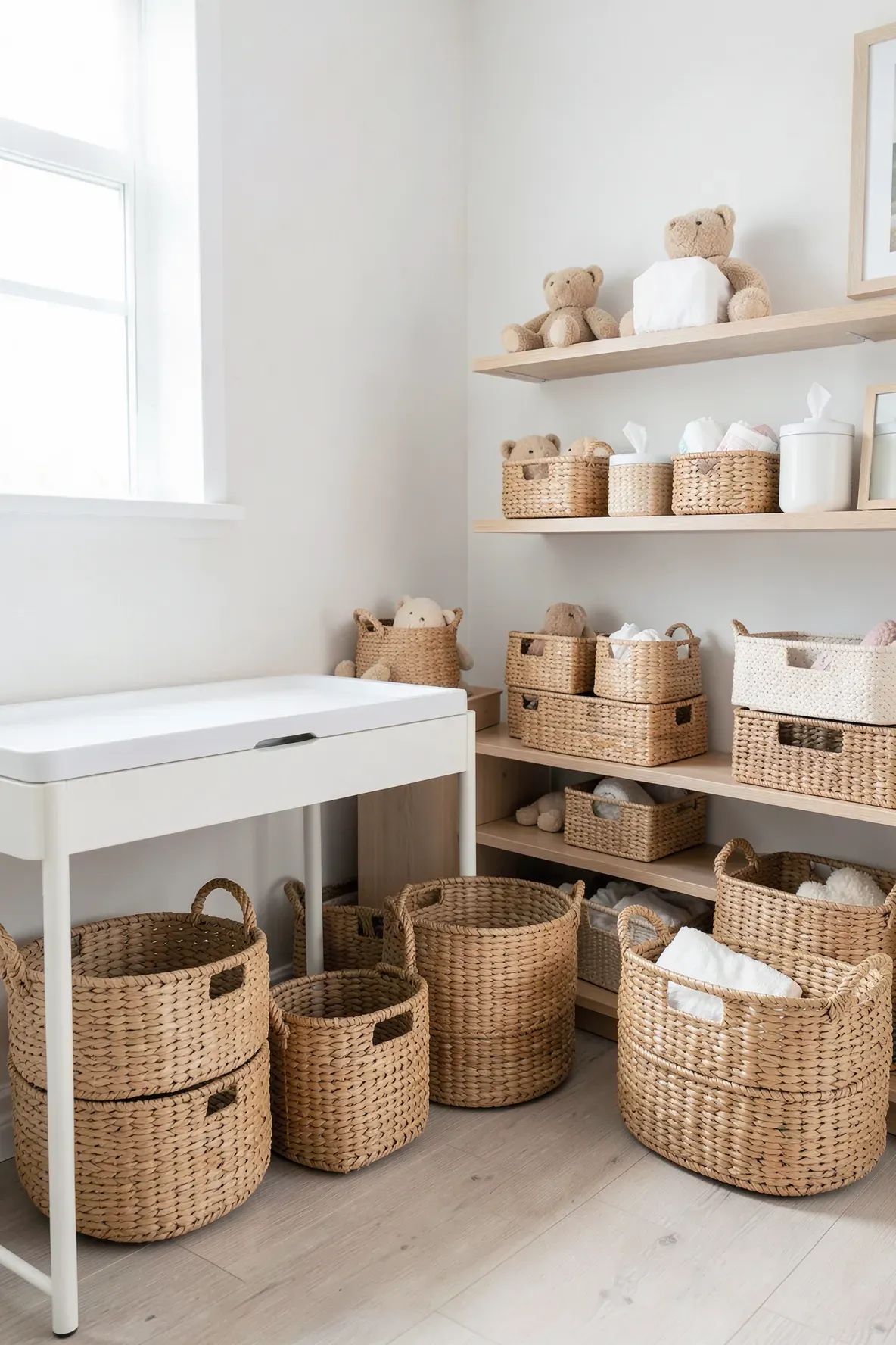 Natural rattan storage baskets arranged in a clean, neutral-themed baby nursery.