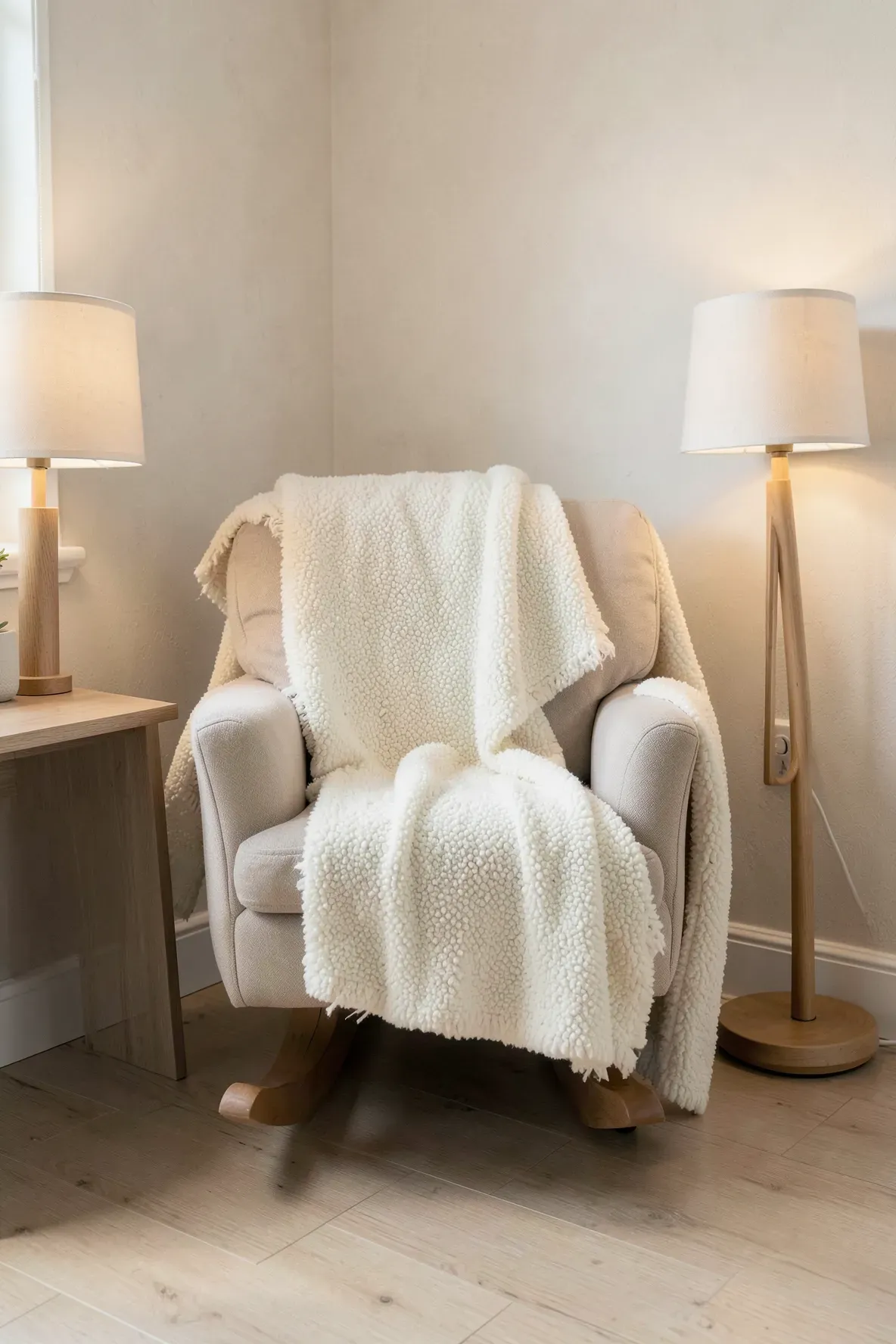 A beige rocking chair with a white bouclé throw blanket in a cozy, neutral nursery corner.