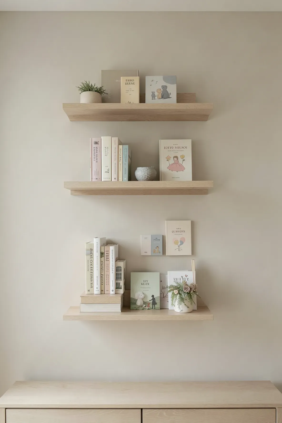 Floating oak shelves with neutral-colored books on a soft beige nursery wall.